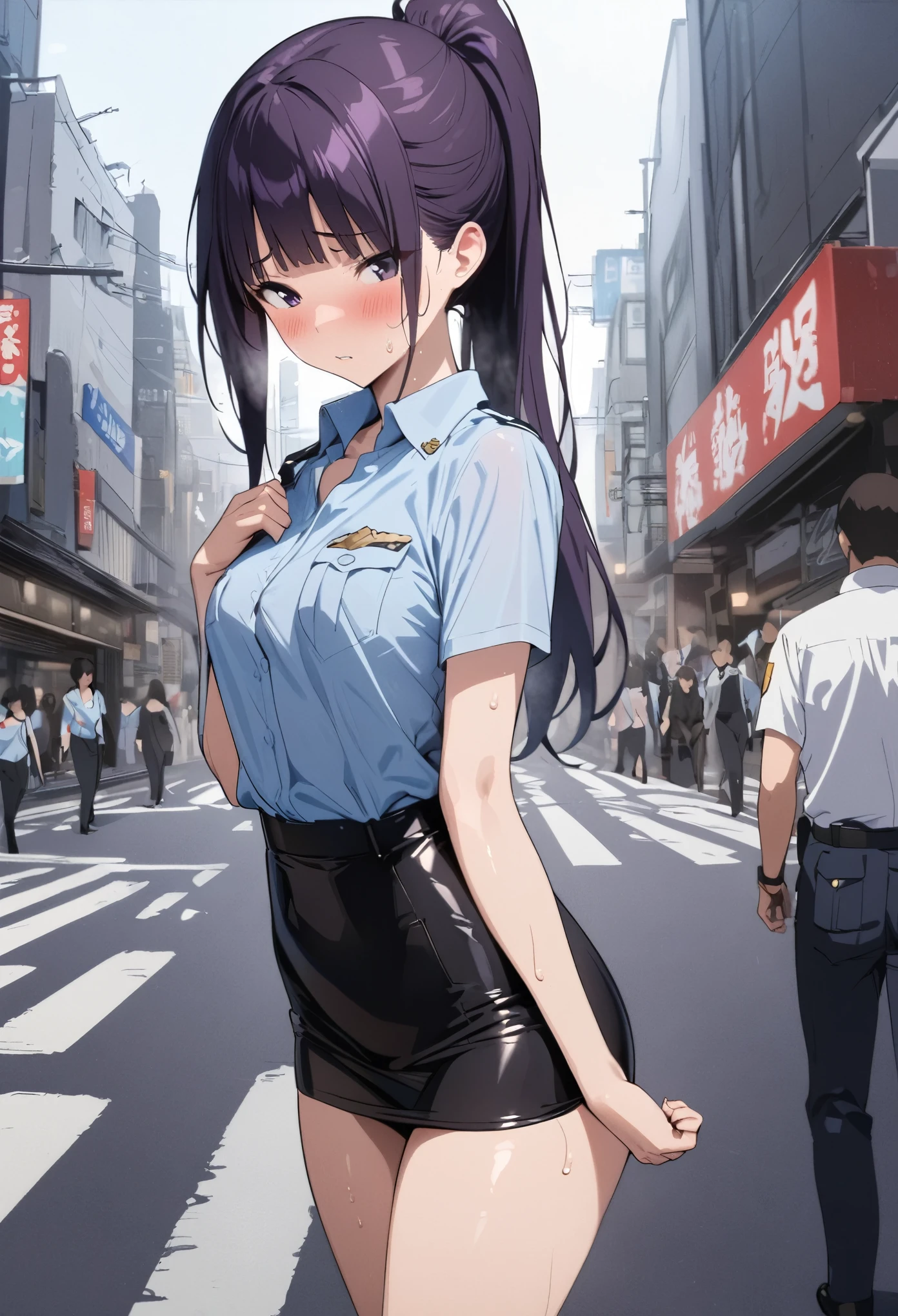 (masterpiece, highest quality:1.2),1woman,18 year old beauty、solo,ponytail hair,dark purple hair,blush,very small head,slender and long body,skinny,medium breasts,naked,sweat,oily skin,shiny skin,sweat,Police uniform collared shirt、light blue shirt,Short sleeve、Black tight mini skirt、On Patrol、walk、on street,bustling street、Tokyo、