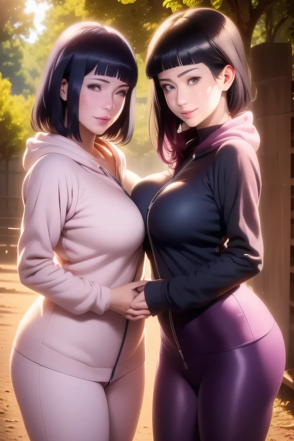 (best quality,4k,8k,highres,masterpiece:1.2),ultra-detailed,(realistic,photorealistic,photo-realistic:1.37),hinata hyuga and sakura from naruto,black hair hinata, pink hair sakura, skin tight clothing,perfectly curved figure,rounded breast,attractive cleavage,short black hair,leaf Village,alluring,skin-tight purple hoodie,smiling, perfect figure