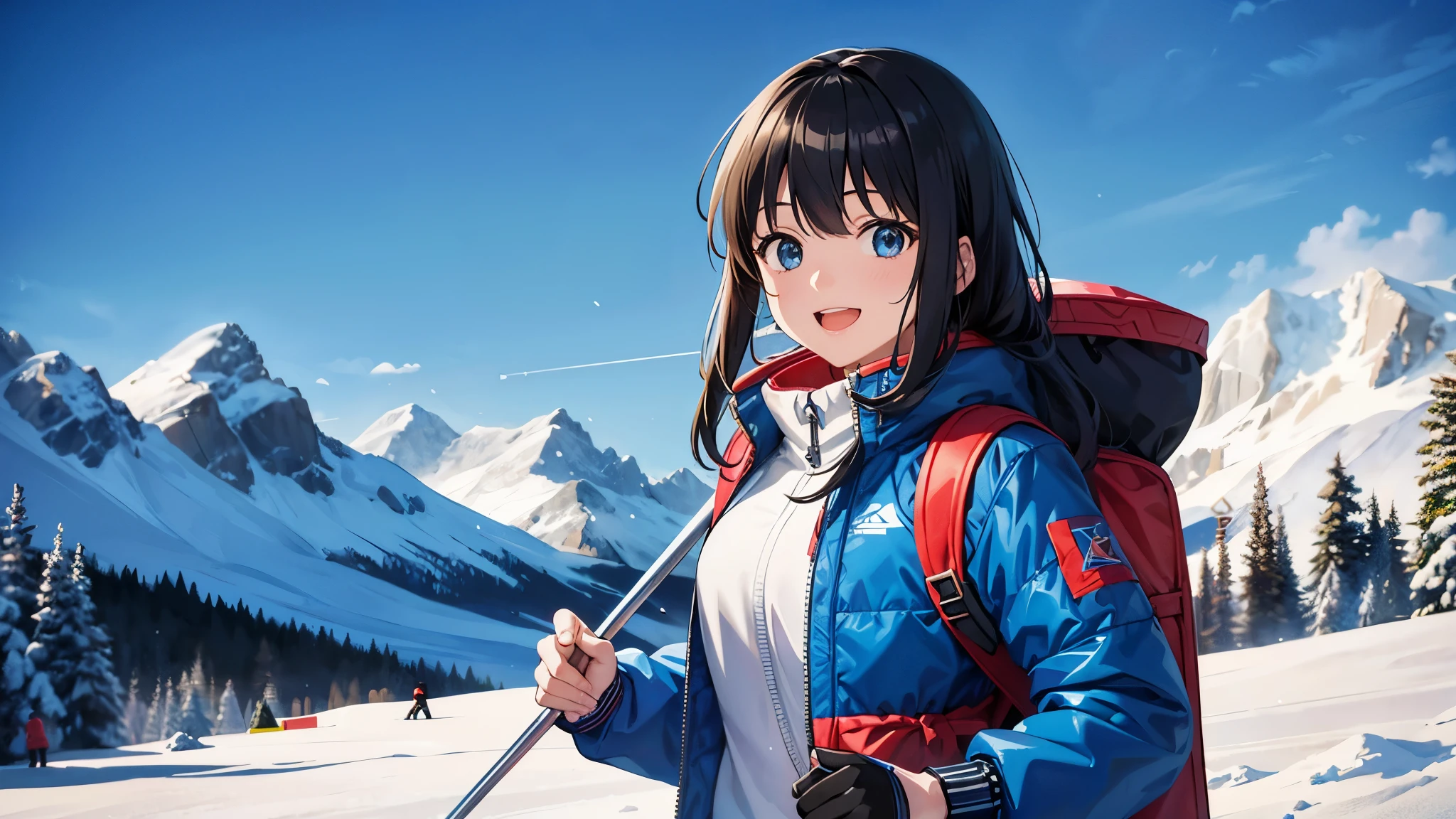 A clear winter day、A young woman who has just finished skiing at a ski resort、A scene of a happy girl smiling as she carries her skis on her shoulders。Hair is black。She was wearing a dark blue ski jacket and backpack.、Snow-covered mountains in the background々And the blue sky spreads out。The art style is anime-like.、The bright colors and dynamic composition convey the fun and active atmosphere of winter sports.。