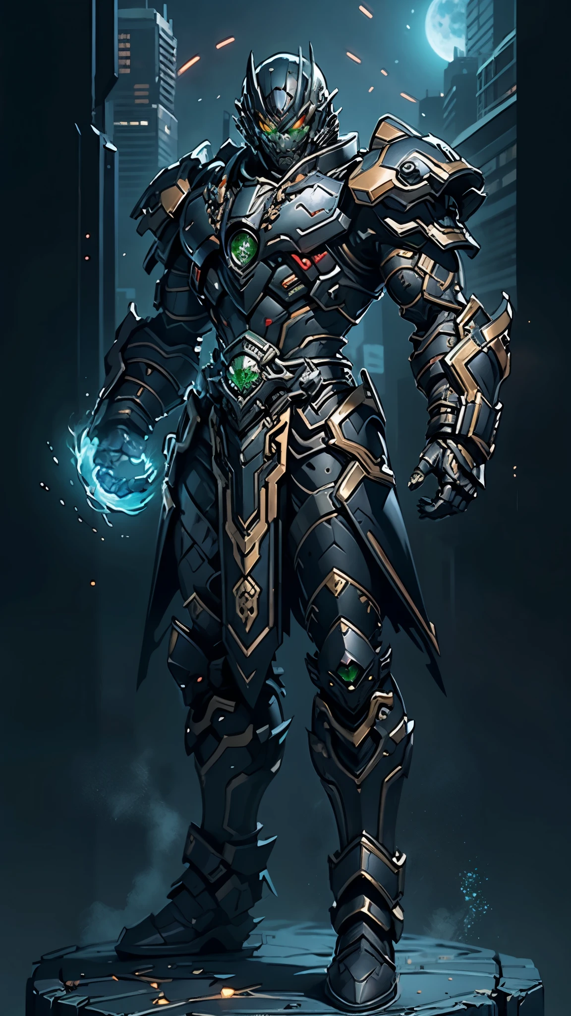 A man wearing a full-face helmet, a fantasy-style biotech armored combat suit, green eyes, (a composite layered chest armor), fully enclosed shoulder guards, matching arm and leg guards, the belt is adorned with fangs biting into orbs, (the color scheme is primarily black with red accents), the design balances heavy with agility, a high-tech bio-mecha armor, (Armor Concept Inspired by Wolf, stand on the top of a skyscraper in a futuristic sci-fi city), this character embodies a finely crafted fantasy-surreal style armored hero in anime style, exquisite and mature manga art style, (element, plasma, energy, the armor glows), ((male:1.5)), metallic, real texture material, dramatic, high definition, best quality, highres, ultra-detailed, ultra-fine painting, extremely delicate, professional, perfect body proportions, golden ratio, anatomically correct, symmetrical face, extremely detailed eyes and face, high quality eyes, creativity, RAW photo, UHD, 32k, Natural light, cinematic lighting, masterpiece-anatomy-perfect, masterpiece:1.5