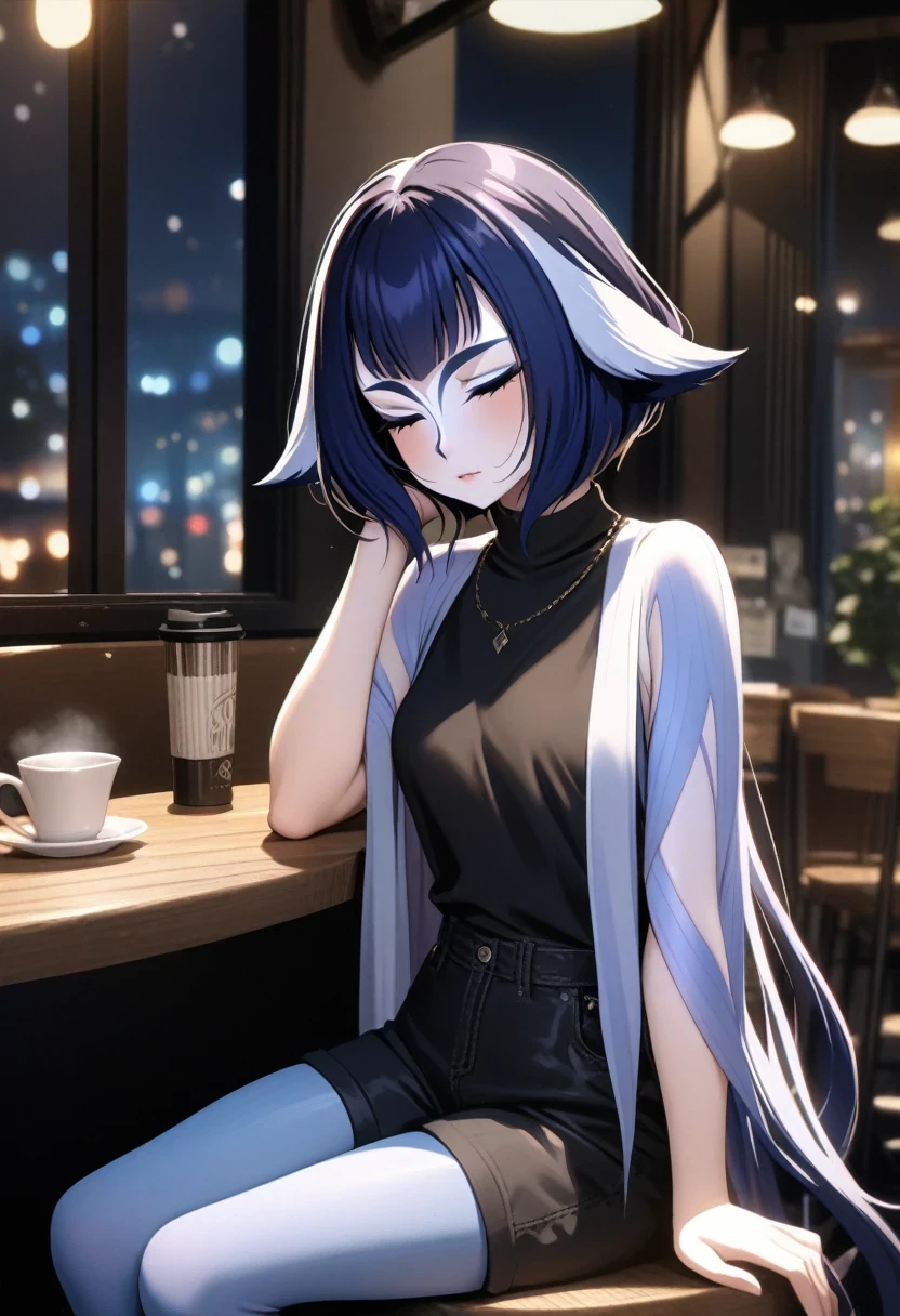 (shylily/(Twich/):1.5),(masterpiece:1.2),(best quality:1.2),A girl sitting in a cafe, 1 Girl, Solitary, Sitting in a cafe, ((night)), (Dim Lights), Looking at the audience, Cold behavior, Plain expression, Arm Rest, White fur jacket, Black shirt, shorts, Pantyhose, elegant, casual, slim body, Small Breasts, HD, movie shot, Soft details, semi realistic background,