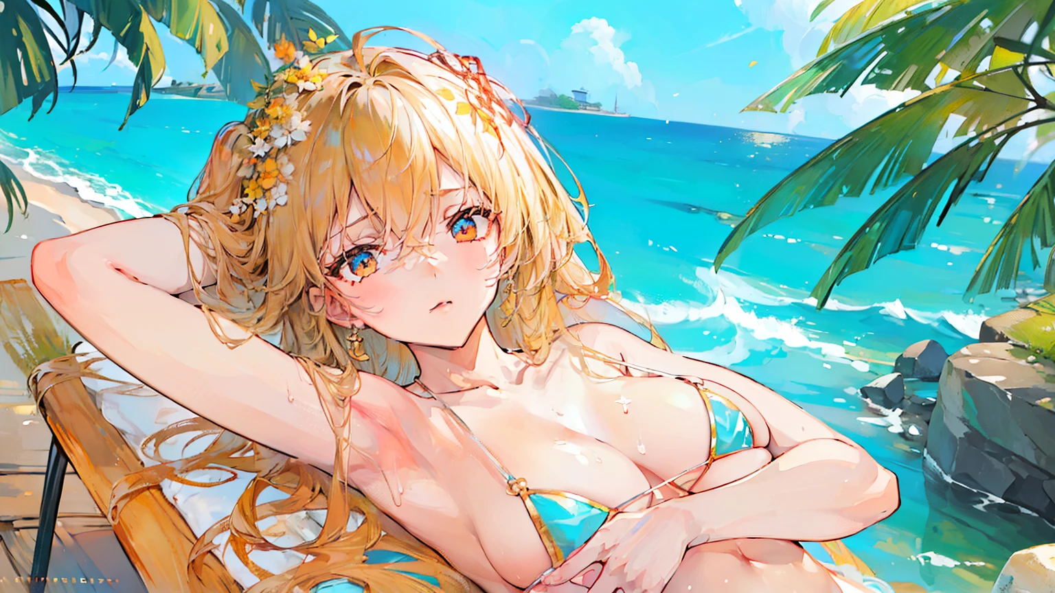(masterpiece:1.6), (highly detailed:1.2), cinematic lighting, hi-fi, (perfect anatomy:1.2), sharp focus, perfect face, perfect eyes, perfect hands, perfect fingers,
a young european woman laying in chaise lounge on the beach, lost in thought, sunlight gently caressing her skin,(introspective:1.2) (melancholy:1.2), her mind drifting to simpler times,(reflective:1.2) close-up of her deep red eyes gazing beyond the horizon, (soft light:1.2) dappled sunlight through leaves dances across her face,(healing:1.2) exposing vulnerabilities just beneath the surface,(emotional catharsis:1.2), exposure, Taihou, micro bikini
beach, sea, sand, palm trees, cloudless blue sky,(peaceful:1.2)
Composition:(rule of thirds), Style:(anime), Action:(stillness), Describers: (thoughtful, vulnerable), Colors:(sun-kissed browns and golds), Lighting: (warm, diffused), Framing: (medium close-up), Details: (beads of water on skin, each blade of grass, leaf veins), Epoch: (contemporary), Weather: (calm, sunny), Aesthetics: (serene, emotive), Mood: (contemplative, hopeful), Material: (smooth skin, cool water), Emotion: (release, acceptance), Surroundings: (greenery, azure sky),