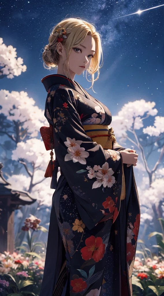 masterpiece, high quality, 4K, Beautiful design, silhouette，blonde， 非常に詳細な夜のStarry Sky,Flower Field， wonderful, Finer details,  Very knowledgeable woman, Highly detailed solo, 1 female,Beautiful Eyes，I like rumors，Big Breasts，Red kimono，Night view，Starry Sky，full moon，