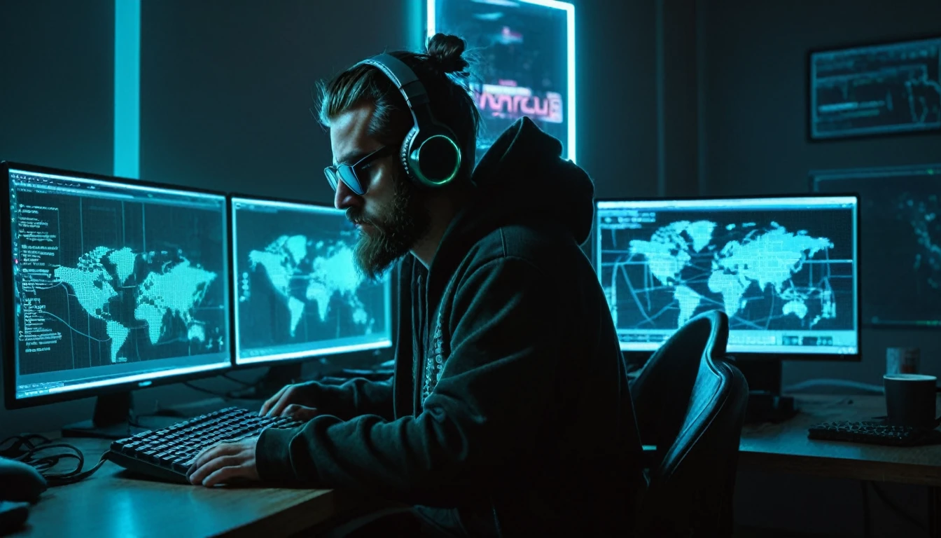 A Cyberpunk Hacker at Work
(Masterpiece, 8K, UHD, photorealistic, studio chiaroscuro lighting: 1.4)
Person:
 * Hooded figure:
   * Dressed in a black hoodie pulled up over their head, concealing most of their face
   * Futuristic sunglasses perched on their nose
   * Intense and focused expression
   * Fingers flying across the keyboard, typing at a furious pace
   * Scruffy beard and tousled hair
   * Wired headphones with a microphone hanging around their neck
Desk:
 * Overrun by multiple computer monitors:
   * Displaying complex codes and intricate graphics
   * Mechanical keyboard with flashing neon lights
   * Steaming coffee mug nearby
   * Ergonomic gaming mouse
   * Tangled cables and electronic devices connecting to the desk
Room:
 * Illuminated by neon and holographic lights:
   * Creating a cyberpunk ambiance
   * Walls adorned with posters of famous hackers and inspirational quotes
   * Large window overlooking a futuristic nighttime cityscape
   * Metallic and futuristic furniture
   * Air conditioner emitting a cool mist
Additional Details:
 * The glow of the computer screen reflects off the hacker's sunglasses.
 * A global network map appears on one of the monitors, with blinking nodes indicating ongoing attacks.
 * The hacker is typing a complex code that resembles a virus.
 * The tension in the room is palpable as the hacker is about to execute something significant.


