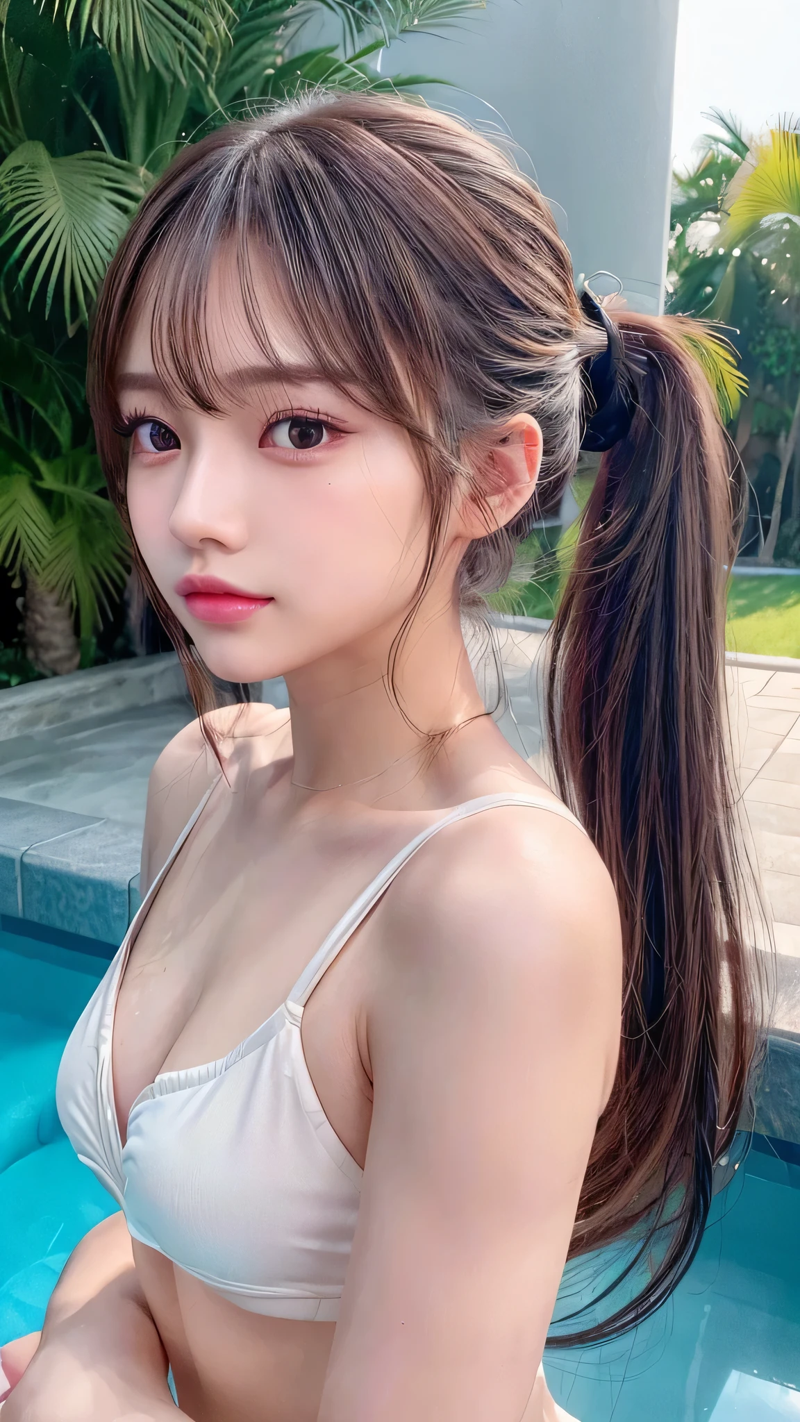 Outdoor,midnight,Very large pool,It's dark outside,Lit up with neon lights,bikini,Blushing,Facing forward,Small breasts,,Long hair ponytail,((8K, Raw photo, Best Quality, Mastepiece:1.2), (Realism, Photorealistic:1.4), (Highly detailed 8K wallpapers), Depth of written boundary, Cinematic Lighting, Soft Light, Detailed Beauty Eye,Shiny and smooth light brown ponytail, Asymmetrical bangs, Shiny skin, Ultra-detailed skins ,It is high resolution., High detail, Detailed hairstyle, Detailed facial beauty, Hyper-realistic, Perfect limbs, Perfect Anatomy ,1 Japanese girl,Famous Japanese Idols, Perfect female body,A shy smile,Short eyelashes,Double-edged eyelids,Look straight here,Hair style: ponytail,