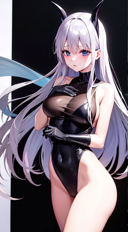 Laquadia,Big Breasts,jewelry,Gray Hair、Long Hair、High resolution、high quality、Long gloves、Blue swimsuit、青いLong gloves、超High resolution, (Film Grain: 1.4)、very, very big breasts、Troubled face、Nipple Pochi、horn、Erect nipples、Breast milk、Succubus、Small devil、See-through clothing、No bra、No underwear