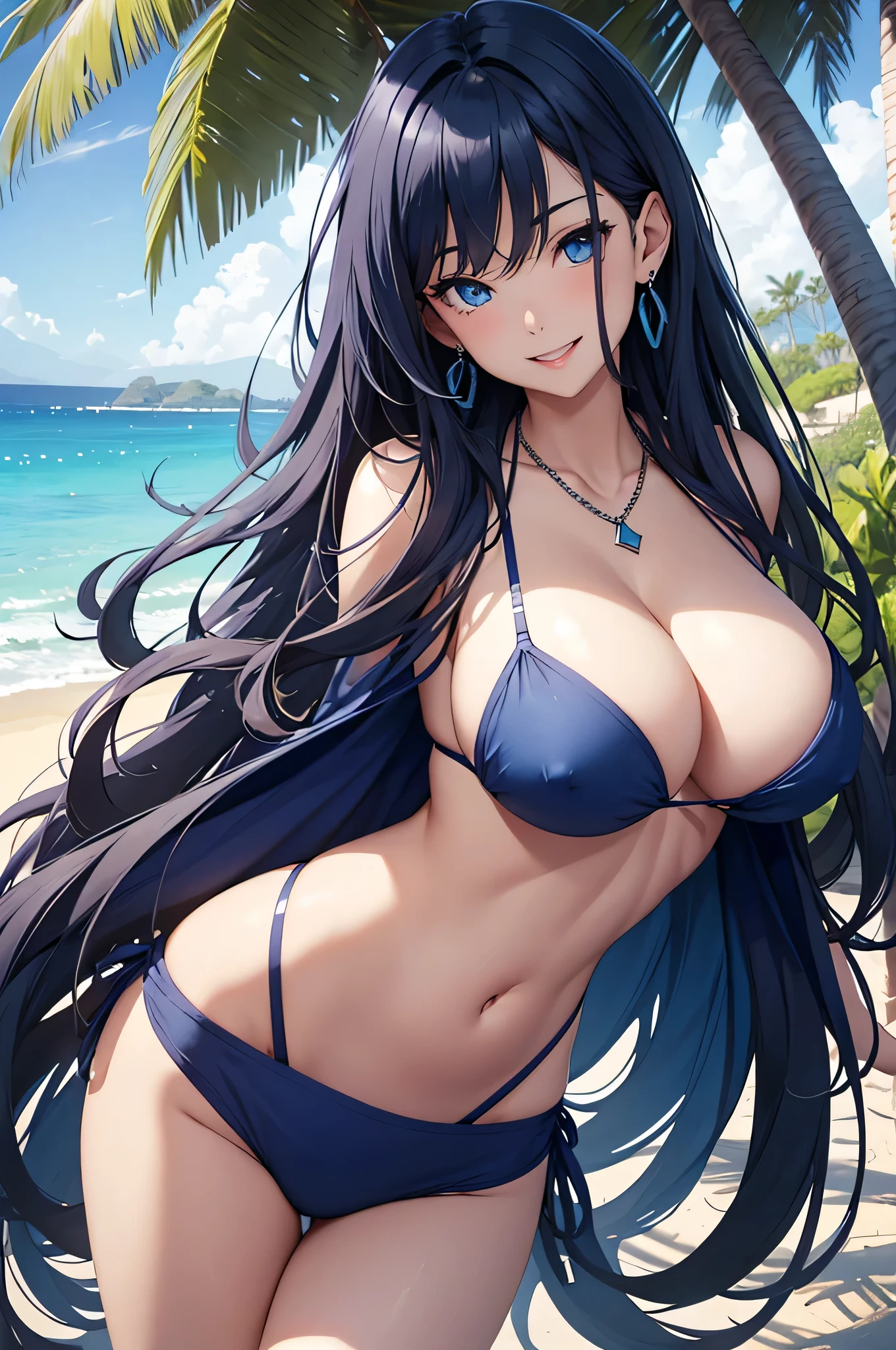 beautiful girl,Long dark blue hair ,blue eyes,Navy Blue Bikini、Big cleavage、(Big Breasts)、smile、blue necklace、Blue Earrings、background(Beach)、Sexy pose、Please open your mouth wide