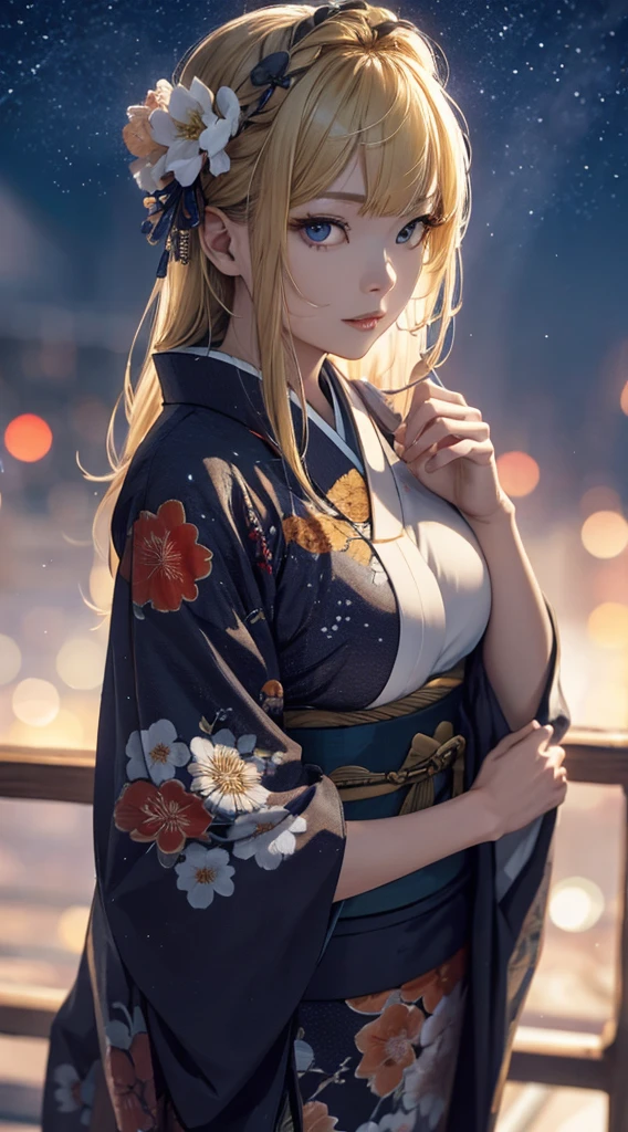 masterpiece, high quality, 4K, Beautiful design, silhouette,blonde, 非常に詳細な夜のStarry Sky,Flower Field, wonderful, Finer details, Very knowledgeable woman, Highly detailed solo, 1 female,Beautiful Eyes,I like rumors,Big Breasts,Red kimono,Night view,Starry Sky,full moon,