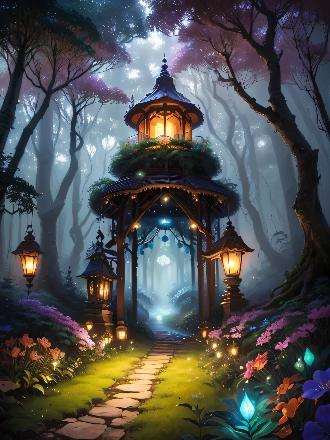 A painting，The painting shows a pavilion in the middle of a forest.，And lanterns, enchanted magical The Jungle Book, magical The Jungle Book, Magical environment, magic Fairytale Forest, Enchanted Forest, Whimsical fantasy landscape art, Fairytale Forest, Detailed fantasy digital art, The Jungle Book, Enchanted Forest backround, Enchanted Forest, Very magical and dreamy, Fairytale Forest, Magic Background, Magical scenery