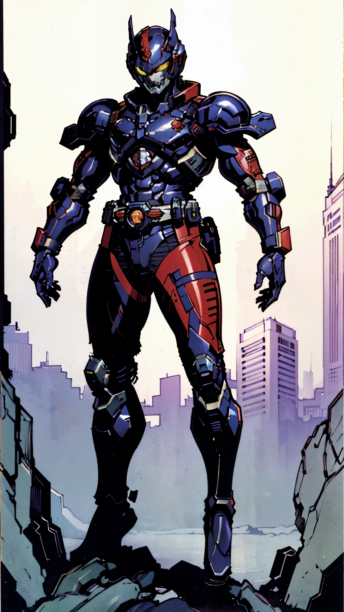 A man wearing a full-face helmet, a fantasy-style biotech armored combat suit, green eyes, (a composite layered chest armor), fully enclosed shoulder guards, matching arm and leg guards, the belt is adorned with fangs biting into orbs, (the color scheme is primarily black with red accents), the design balances heavy with agility, a high-tech bio-mecha armor, (Armor Concept Inspired by Wolf, stand on the top of a skyscraper in a futuristic sci-fi city), this character embodies a finely crafted fantasy-surreal style armored hero in anime style, exquisite and mature manga art style, (element, plasma, energy, the armor glows), ((male:1.5)), metallic, real texture material, dramatic, high definition, best quality, highres, ultra-detailed, ultra-fine painting, extremely delicate, professional, perfect body proportions, golden ratio, anatomically correct, symmetrical face, extremely detailed eyes and face, high quality eyes, creativity, RAW photo, UHD, 32k, Natural light, cinematic lighting, masterpiece-anatomy-perfect, masterpiece:1.5