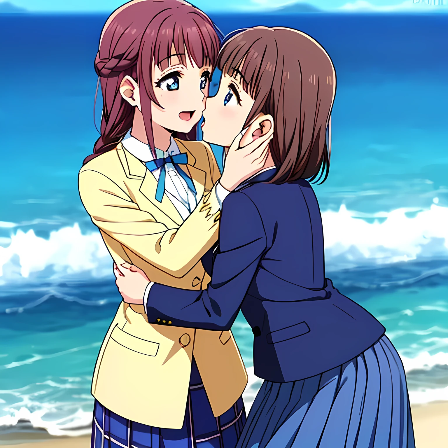 highest quality, (masterpiece:1.2), Very detailed, Game CG, (((Very beautiful girl in school uniform2Two fashion models kissing))), ((The girl everyone loves)), (((Brown and very shiny short bob hair))), (((Navy blue blazer))), ((Navy blue pleated long skirt)), ((((Very beautiful and shining eyes)))), ((Very long eyelashes)), A large crimson ribbon on the chest, ((An elegant expression like a noble princess)), (((A beautiful and enchanting smile))), Small face and great posture, ((Heavenly happiness)), (((The background is blurred))), ((Very intelligent face)), ((Anime heroine smiling and open mouth)), ((We embraced each other tightly and looked at each other)), ((Falling into the ocean of pleasure))