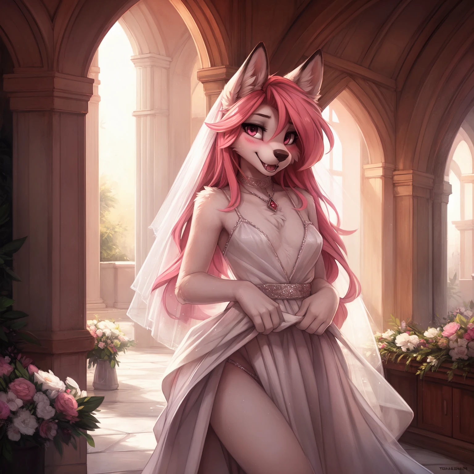 by kenket, Ross Tran, ruan jia, zaush, foxovh, by Zackary911, by hyattlen, by teranen, by fumiko, by Pixelsketcher, by Bayard Wu, by Thomas Benjamin Kennington, by Einshelm, by Kilinah, by Coffeesoda, by Hioshiru, by fluff-kevlar, bye r-mk, by Dimwitdog, Furry, Anthro, long hair, ((small)), ((male)), ((twink)), (long pink hair), ((white fur)), feminine hair, girly haircut, Full Body, ((teen)), cinematic lighting, ((fluffy tail)), ((blushing)), detailed open mouth, detailed canine teeth, (smiling), (shy) girly hips, girly hips, (view from front), looking at viewer, sweat, skimpy (white tight wedding dress), small bulge, solo, (wedding ceremony), white marbel, church, sexually suggestive, ((solo)), (makeup), (pink glittering eyeshadow), eyeliner, pink lipstick, pink eyes, long eyelashes, flat chest, looking at viewer, flat chest, (white marble walls), small penis, slutty wedding dress, white marble altar,