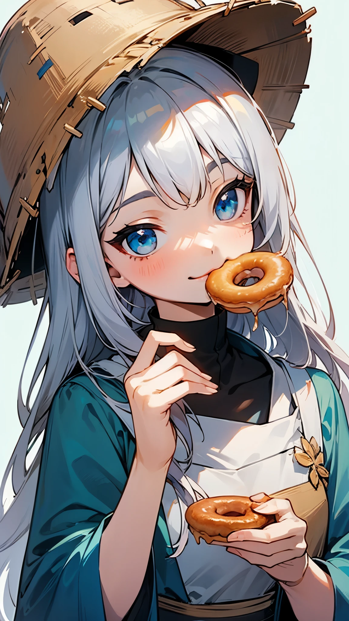 One Girl、alone、Silver Hair、Long Hair、Beautiful Blue Eyes、smile、Wearing a peasant tunic、Eating a donut、Upper body close-up
