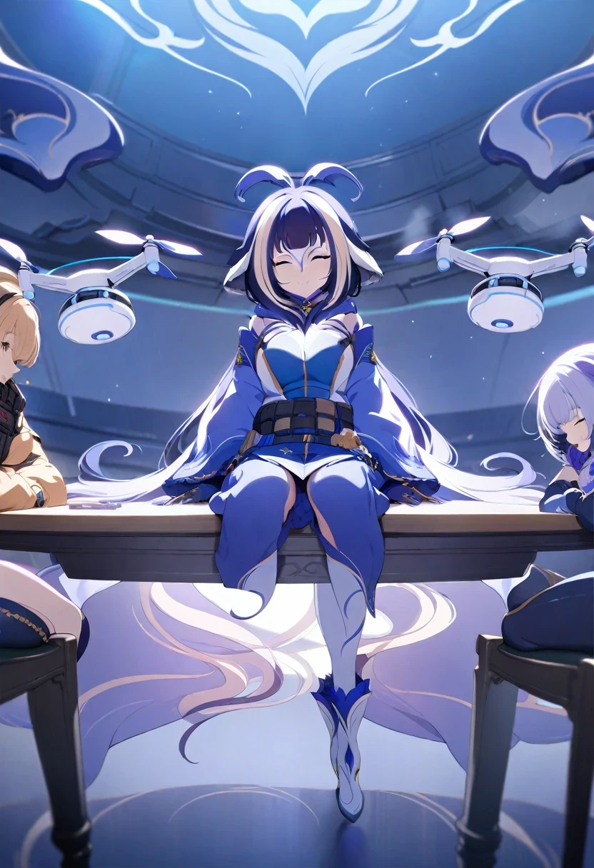 (shylily/(Twich/):1.5),(masterpiece:1.2),(best quality:1.2),((high quality)), ((On the table)), 8k, 2 girls, bulletproof vest, Light,Game CG, Looking at the audience, Gloves, Boots, whole body, watch, One, mask, Drones, Possession of weapons, earphone, jacket,