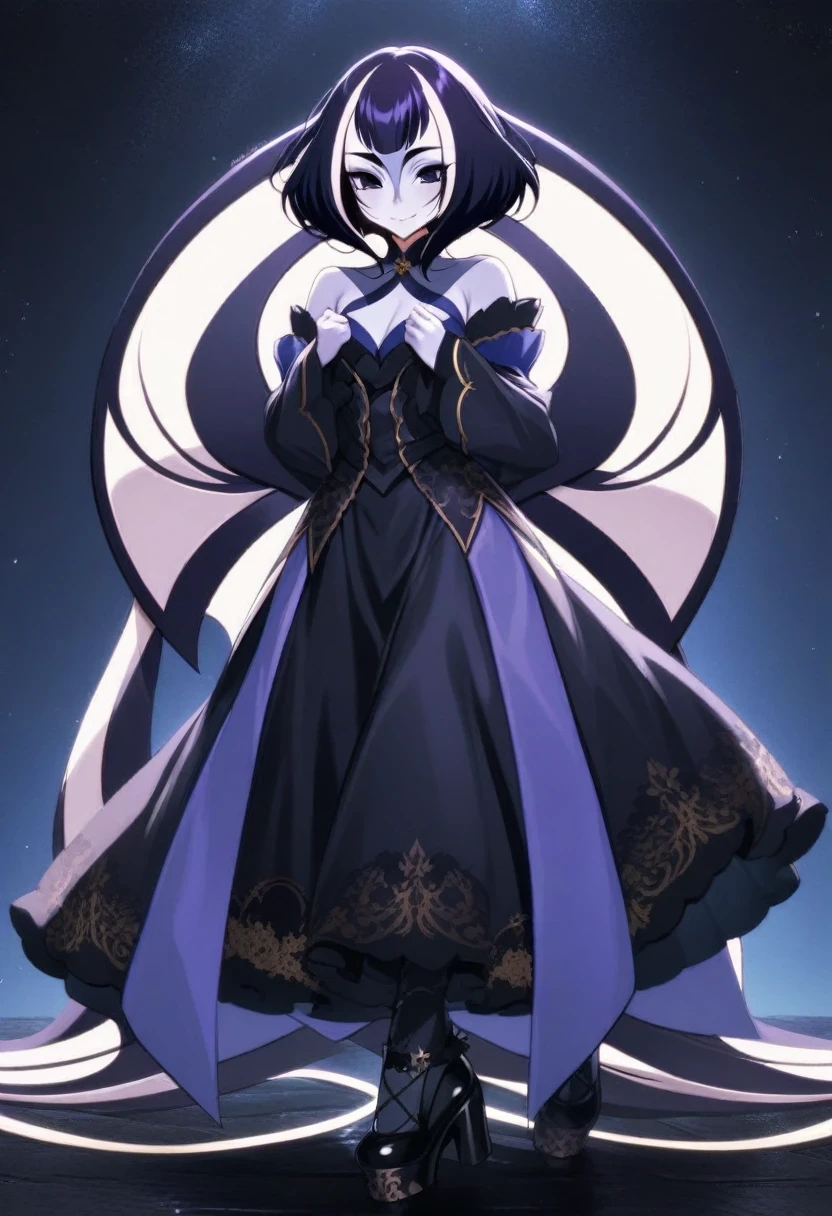 (shylily/(Twich/):1.5),(masterpiece:1.2),(best quality:1.2),Dark Gothic、Deep night sky、fear、Dark black eyeshadow、cry、sad、Good skin luster、Dark Gothicメイク、Dark smile、Purple maid outfit mysterious、noble、Super attractive pose、Platform high heels、Heavy makeup、Gothic ta Clothing、A little slimmer