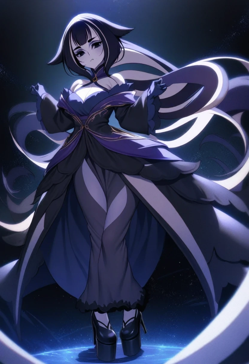 (shylily/(Twich/):1.5),(masterpiece:1.2),(best quality:1.2),Dark Gothic、Deep night sky、fear、Dark black eyeshadow、cry、sad、Good skin luster、Dark Gothicメイク、Dark smile、Purple maid outfit mysterious、noble、Super attractive pose、Platform high heels、Heavy makeup、Gothic Lolita Clothing、A little slimmer