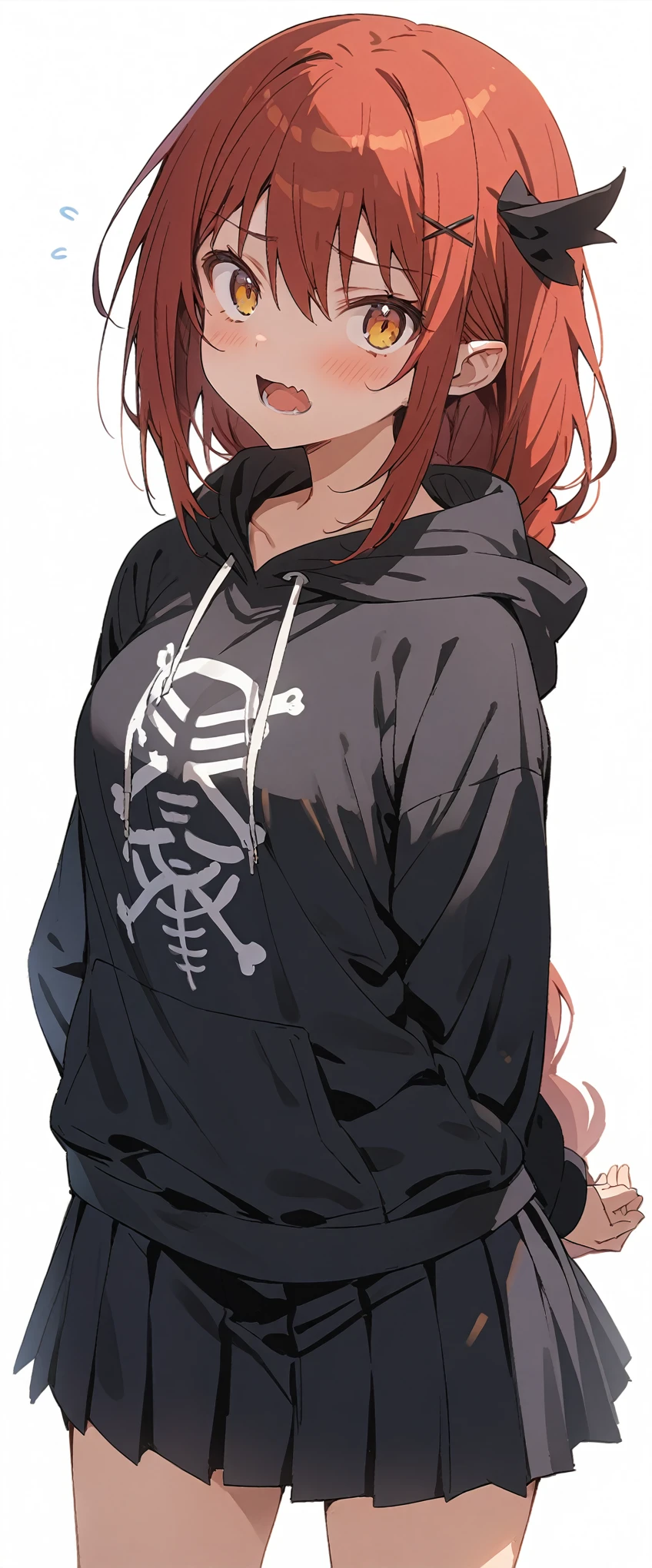 Solid white background、white background、Blank background、Ultra-high resolution, highest quality,Solo,just standing girl, One Girl、Full body view from the front、fish-bone braid hair、Fishbone Hair、red hair、arms behind back、Put your hands behind your back、Hide your hands、busty、beautiful detailed eyes、Red hair x yellow eyes、yellow eyes、Troubled face、 Open your mouth、plain black hoodie、Black pleated skirt、barefoot