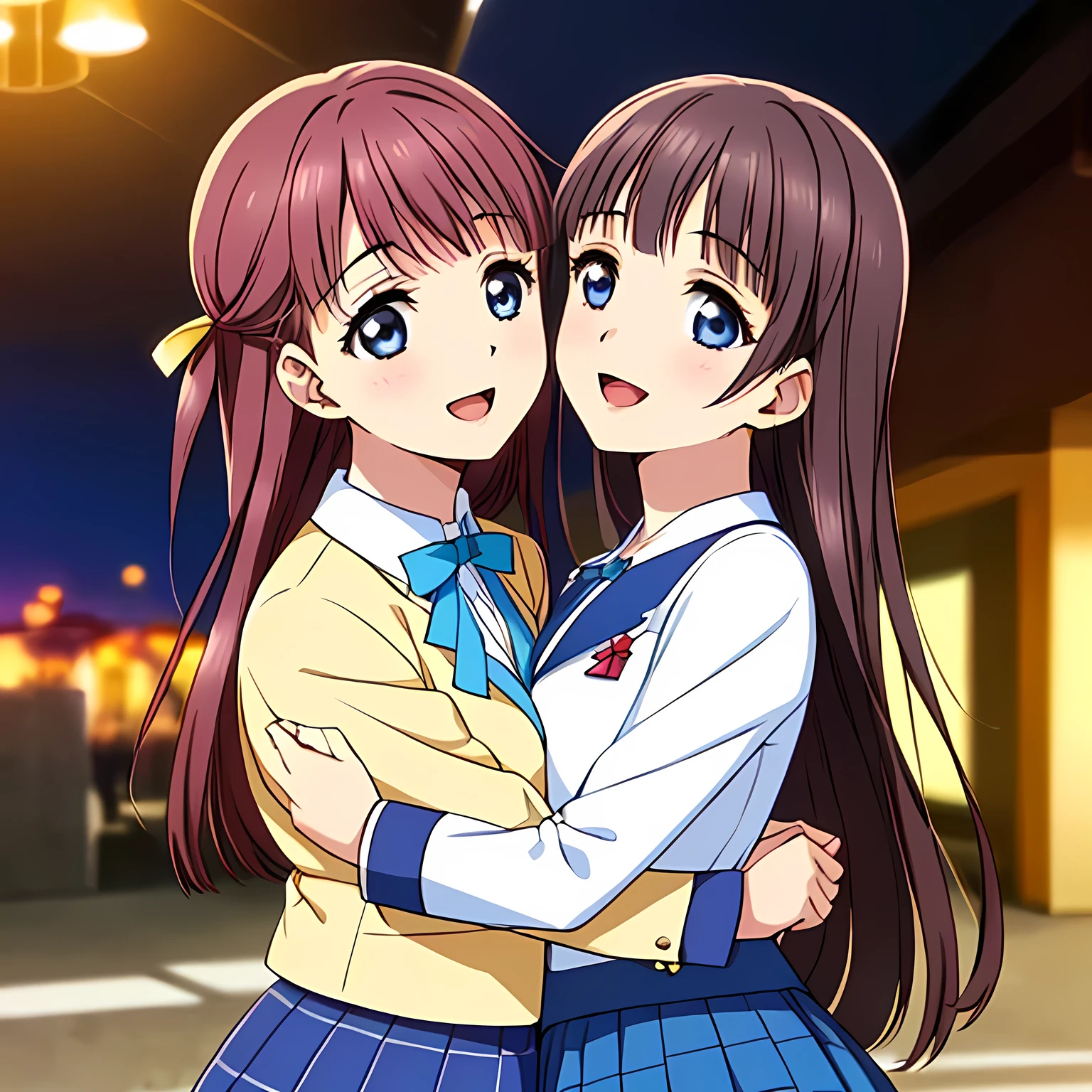 highest quality, (masterpiece:1.2), Very detailed, Game CG, (((Very beautiful girl in school uniform2Two fashion models kissing))), ((The girl everyone loves)), (((Brown and very shiny short bob hair))), (((Navy blue blazer))), ((Navy blue pleated long skirt)), ((((Very beautiful and shining eyes)))), ((Very long eyelashes)), A large crimson ribbon on the chest, ((An elegant expression like a noble princess)), (((A beautiful and enchanting smile))), Small face and great posture, ((Heavenly happiness)), (((The background is blurred))), ((Very intelligent face)), ((Anime heroine smiling and open mouth)), ((We embraced each other tightly and looked at each other)), ((Falling into a world of pleasure))