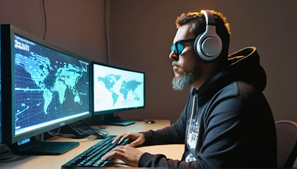gutto2024abr, Cyberpunk Hacker at Work
(Masterpiece, 8K, UHD, photorealistic, studio chiaroscuro lighting: 1.4)
Person:
 * Hooded figure:
   * Dressed in a black hoodie pulled up over their head, concealing most of their face
   * Futuristic sunglasses perched on their nose
   * Intense and focused expression
   * Fingers flying across the keyboard, typing at a furious pace
   * Scruffy beard and tousled hair
   * Wired headphones with a microphone hanging around their neck
Desk:
 * Overrun by multiple computer monitors:
   * Displaying complex codes and intricate graphics
   * Mechanical keyboard with flashing neon lights
   * Steaming coffee mug nearby
   * Ergonomic gaming mouse
   * Tangled cables and electronic devices connecting to the desk
Room:
 * Illuminated by neon and holographic lights:
   * Creating a cyberpunk ambiance
   * Walls adorned with posters of famous hackers and inspirational quotes
   * Large window overlooking a futuristic nighttime cityscape
   * Metallic and futuristic furniture
   * Air conditioner emitting a cool mist
Additional Details:
 * The glow of the computer screen reflects off the hacker's sunglasses.
 * A global network map appears on one of the monitors, with blinking nodes indicating ongoing attacks.
 * The hacker is typing a complex code that resembles a virus.
 * The tension in the room is palpable as the hacker is about to execute something significant.

