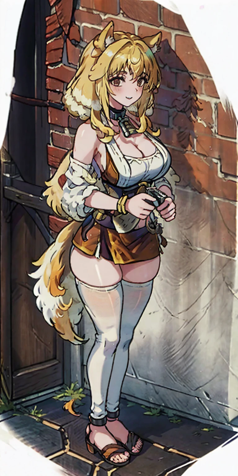 (dog ear, dog tail), heavy busty, dog, happy, standing straight symmetrical, full body, solo girl looking to the camera, beautiful woman, Viking warrior, fur cloak, armor, blonde hair, wavy hair, (closeup, portrait shot), (solo), realistic, cow bell choker, metal sandals, black thigh highs