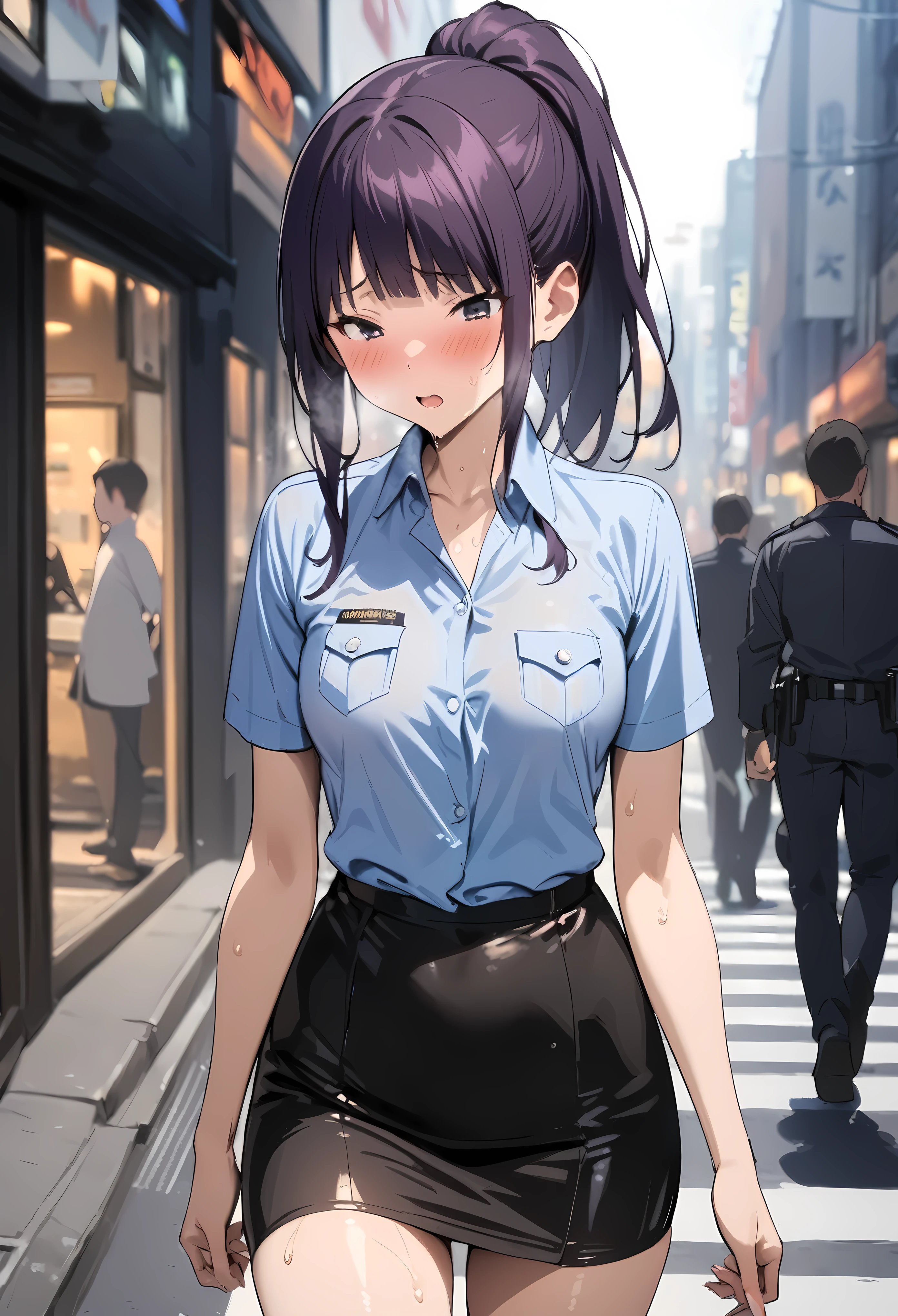 (masterpiece, highest quality:1.2),1woman,18 year old beauty、solo,ponytail hair,dark purple hair,blush,very small head,slender and long body,skinny,medium breasts,Being sexually stimulated:1.3,sweat,oily skin,shiny skin,sweat,Police uniform collared shirt、light blue shirt,Short sleeve、Black tight mini skirt、On Patrol、walk、on street,bustling street、Tokyo、