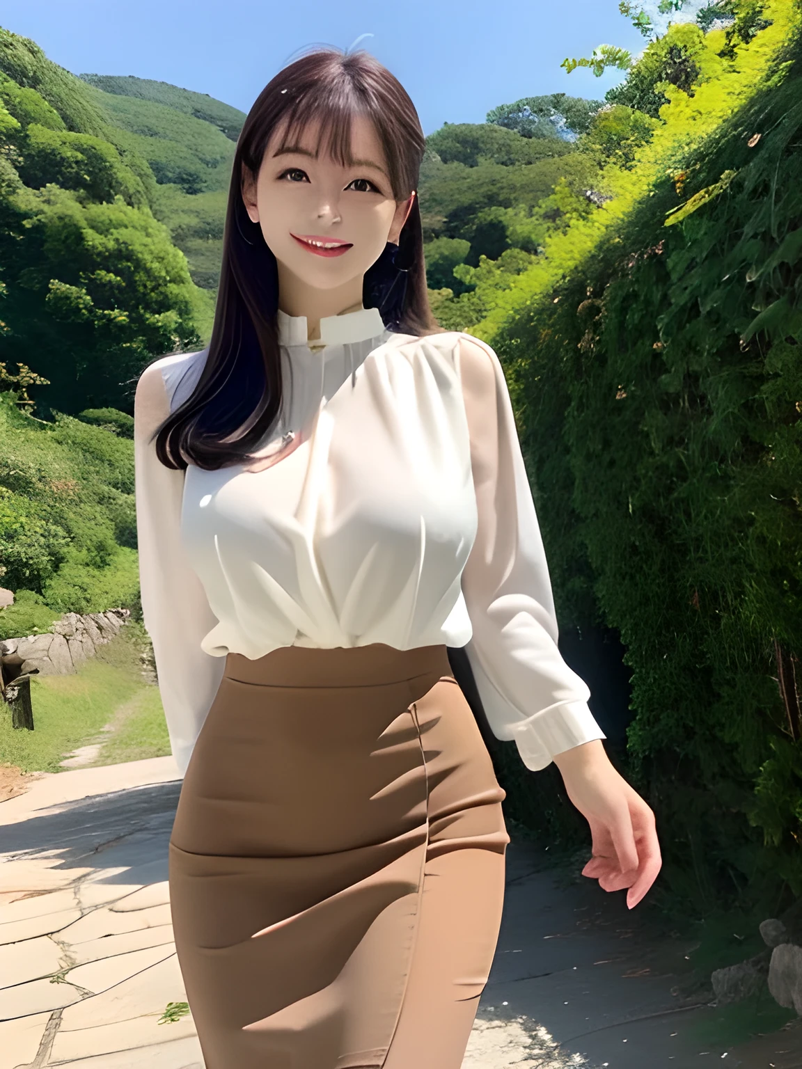 Tabletop, highest quality, Very detailed, finely, High resolution, 8k wallpaper, Perfect dynamic composition, Beautiful and beautiful eyes,  Natural Lip, Tunic , Big Breasts, whole body, blue eyes , Black Choker , parlor , Natural Makeup, secretary , smile, Japanese women  , bangs , Straight Hair、Slim face、鉱Mountain、Mining sites、blue sky、Mountain、Cowboy Shot、Big Breasts、Site Supervisor、tone quarry、Beautiful legs、Walking、Hiking trails