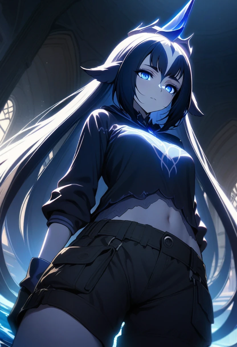 (shylily/(Twich/):1.5),(masterpiece:1.2),(best quality:1.2),1 girl ,(Great Stigmata) , school courtyard, (Flowing hair), ((In the courtyard fountain)), character focus, ((rays of black light)),((dark light)), light ,(dark), (concept art), ((Innocent face)),dragon girl, short,  luminescent blue purple horn,1 girl, Pale skin, Black Crown, luminescent_Eye,  (Center, torso), (Wide-angle lens:0.9), For the audience, Eye height, Flat cup size AAA, Wearing black cargo shorts, sharp corners, There is a blue horn on the head,