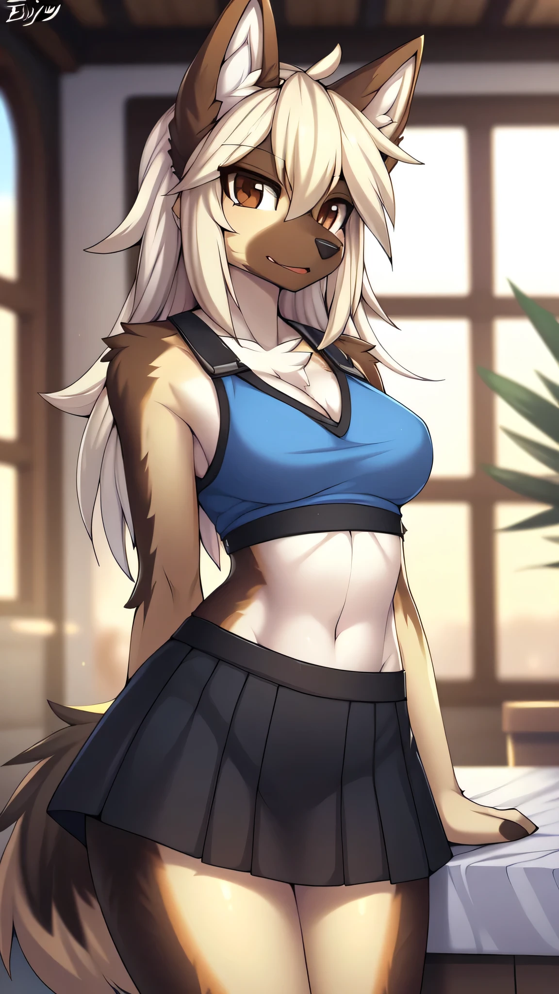 By zinfyu,by twistedscarlet60, uploaded on pixiv, by fluff-kevlar, (masterpiece), (best quality), (solo female:1.2), (extremely detailed:1.3),(detailed eye, brown eye), german Shepherd, wearing croptop and skirt