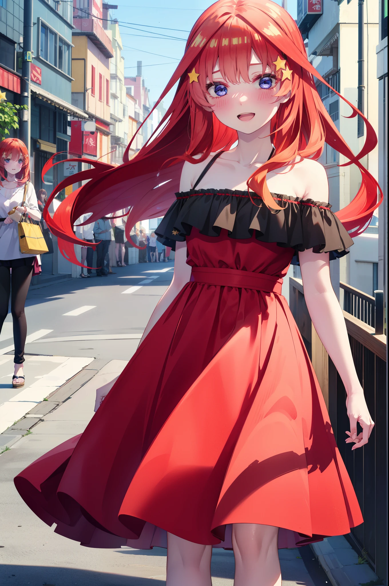 itsukinakano, Itsuki Nakano, bangs, blue eyes, Hair between the eyes, Ahoge, Redhead, star \(symbol\), hair ornaments, star hair ornaments,star型ペンダント,happy smile, smile, Open your mouth,Off-the-shoulder red dress,Bare shoulders,Spring collarbone,Bare neck,Bare arms,Red long skirt,Cute heeled sandals,True Summer,Daytime,Clear skies,My hair is blowing in the wind,whole bodyがイラストに入るように,
break outdoors, In town,海岸通り
break looking at viewer, whole body,
break (masterpiece:1.2), highest quality, High resolution, unity 8k wallpaper, (figure:0.8), (Beautiful fine details:1.6), Highly detailed face, Perfect lighting, Highly detailed CG, (Perfect hands, Perfect Anatomy),