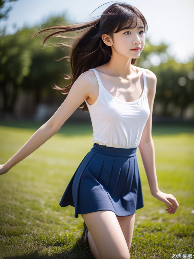 (masterpiece, highest quality:1.4), Award-winning portraits, 8k, 85mm, alone, Beautiful Face, Delicate girl,  (Cheerleader、On the grass), Sophisticated, cute, 15 years old, RAW Photos, Confused, High resolution, Sharp focus, Background blur、(((Flat  、thin and delicate body、Childish atmosphere)))、shiny semi-long hair、ponytail、Mole on the left cheek、 Dark blue eyes、High Kick、the skirt is swaying in the wind、Hair swaying in the wind、sexy、Flexible legs