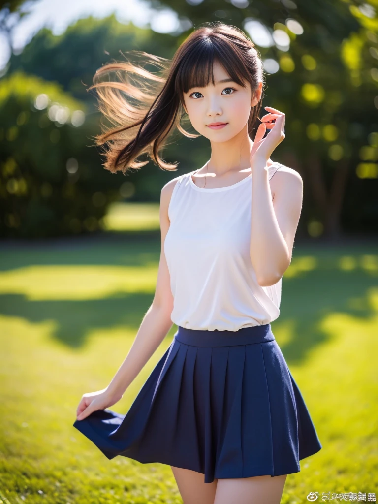 (masterpiece, highest quality:1.4), Award-winning portraits, 8k, 85mm, alone, Beautiful Face, Delicate girl,  (Cheerleader、On the grass), Sophisticated, cute, , RAW Photos, Confused, High resolution, Sharp focus, Background blur、(((Flat  、thin and delicate body、Childish atmosphere)))、shiny semi-long hair、ponytail、Mole on the left cheek、 Dark blue eyes、High Kick、the skirt is swaying in the wind、Hair swaying in the wind、sexy、Flexible legs