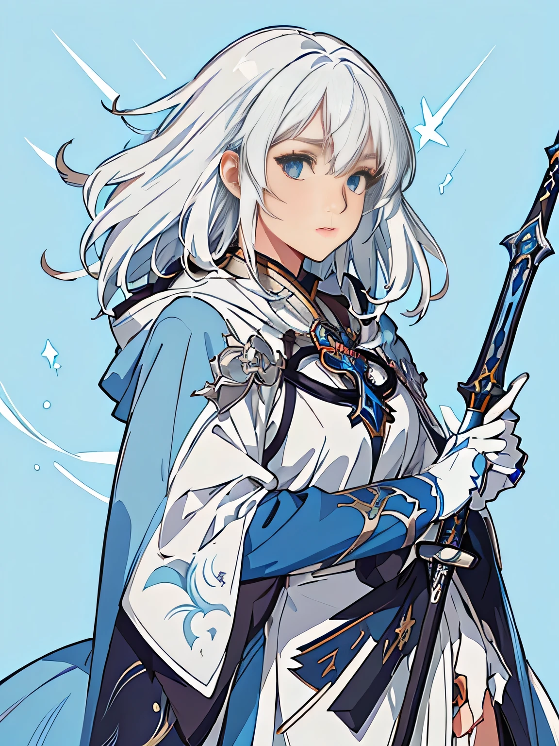 A woman with a sword and cloak stands in front of a blue background, Neil autoamata, Griffith, Popular on artstation pixiv, detailed Anime Character Art, Neil, Anime Character Art, White hair, By Kama Guka, perfect White hair girl, feature, Clean and detailed anime art, guweiz on pixiv artstation