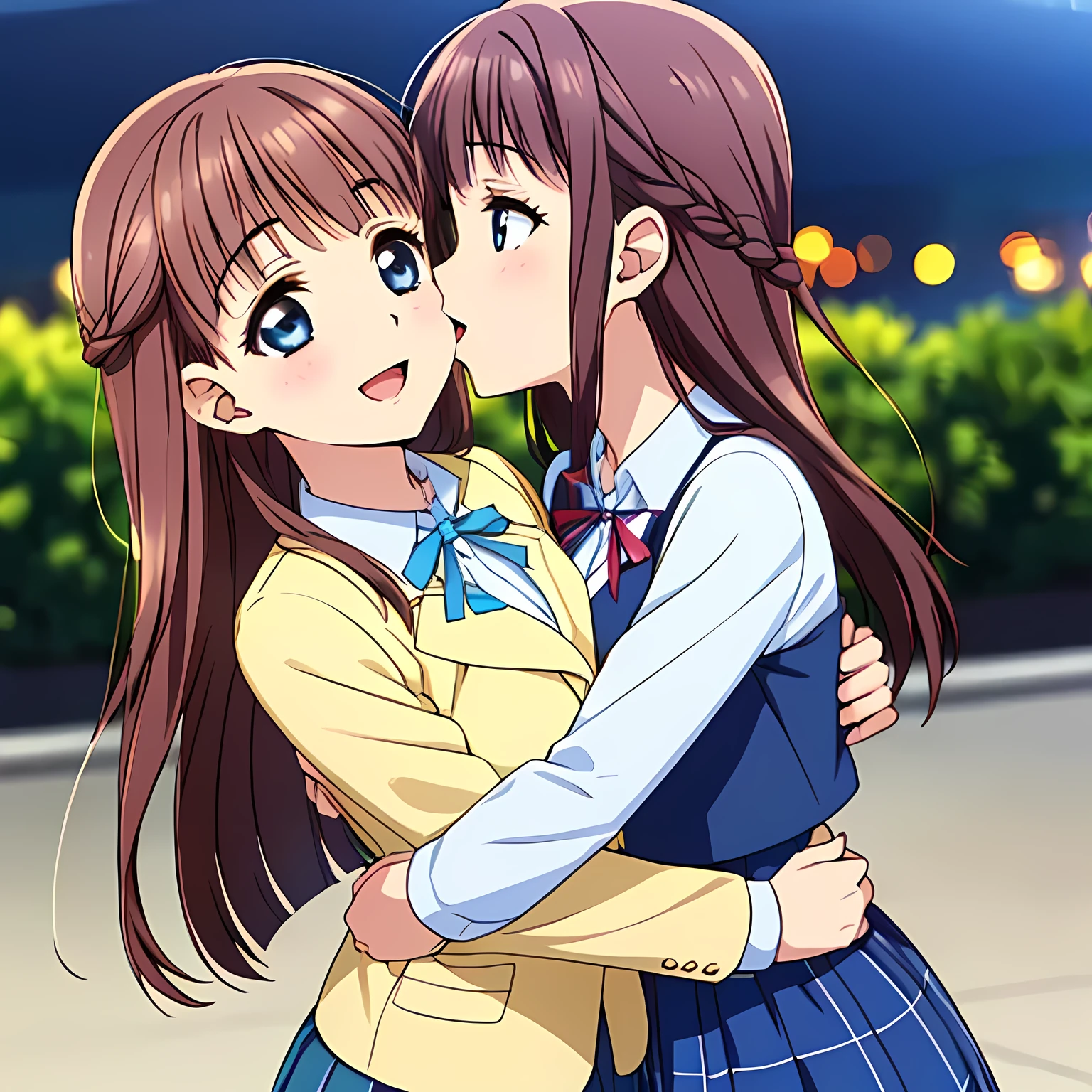 highest quality, (masterpiece:1.2), Very detailed, Game CG, (((Very beautiful girl in school uniform２Two fashion models kissing))), ((The girl everyone loves)), (((Brown and very shiny short bob hair))), (((Navy blue blazer))), ((Navy blue pleated long skirt)), ((((Very beautiful and shining eyes)))), ((Very long eyelashes)), A large crimson ribbon on the chest, ((An elegant expression like a noble princess)), (((A beautiful and enchanting smile))), Small face and great posture, ((Heavenly happiness)), (((The background is blurred))), ((Very intelligent face)), ((Anime heroine smiling and open mouth)), ((We embraced each other tightly and looked at each other)), (((Falling into a world of pleasure)))