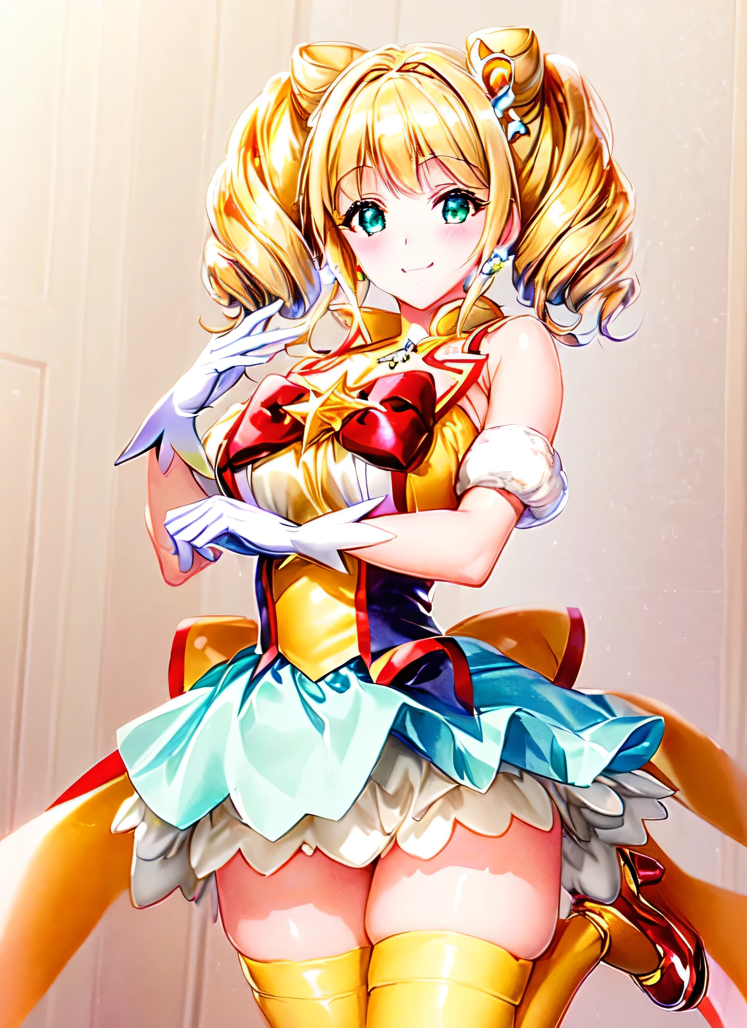 Image of a female character wearing a dress、Twin tail hair、solo、Blonde girl、Green Eyed Girl、cone hair bun、smile、portrait of Magical girl,、sparkling Magical girl、White gloves、smile、Official Artwork、Yellow Dress、Official Art、Yellow vest、Magical girl、yami kawaii、Big Breasts、Had a large chest、style of Magical girl、perfect body、thighhighs with an black、Cute Core Crown Core, !!Full body portrait!!, shiny body、shiny skin、Jewelry、bow、