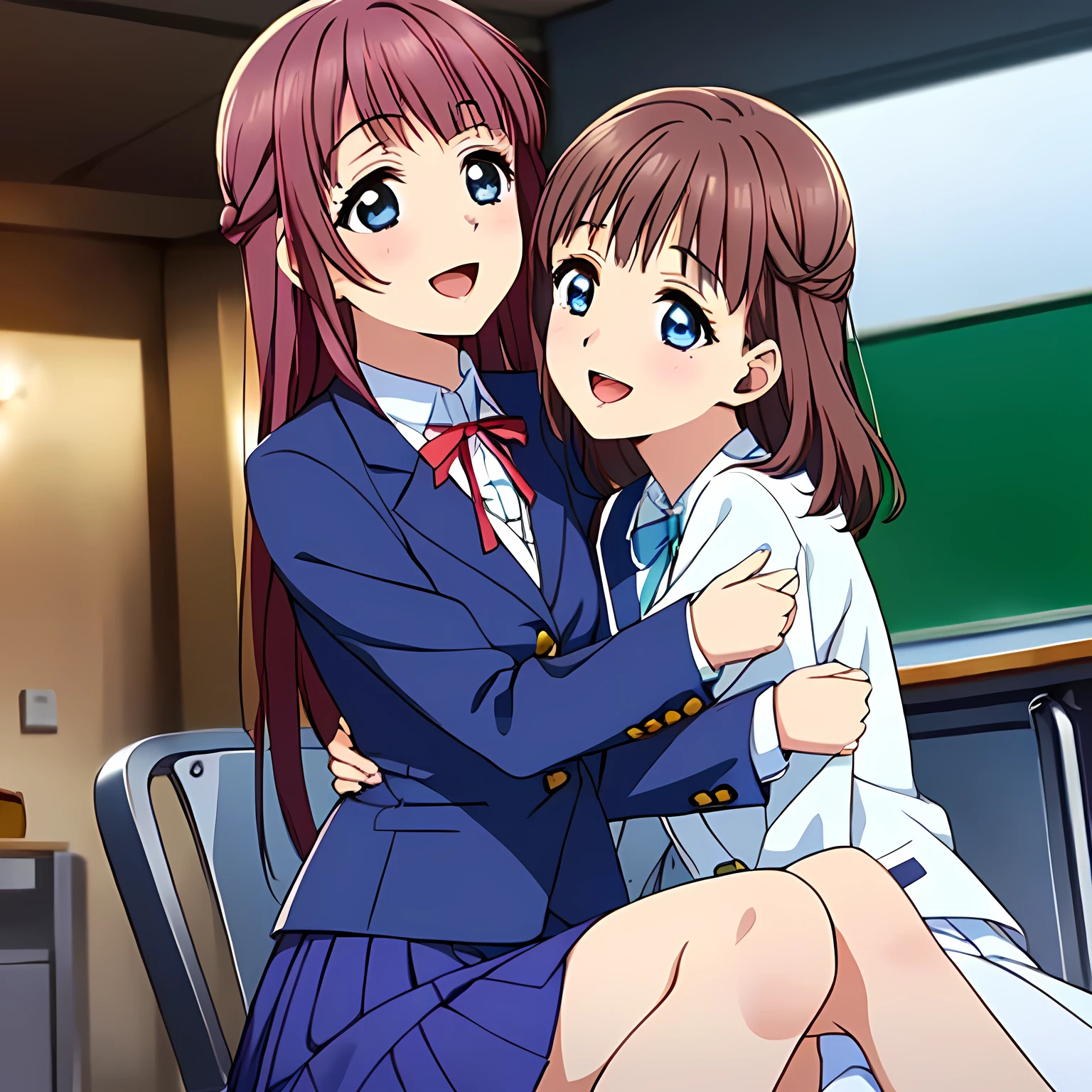 highest quality, (masterpiece:1.2), Very detailed, Game CG, (((Very beautiful girl in school uniform２Two fashion models kissing))), ((The girl everyone loves)), (((Brown and very shiny short bob hair))), (((Navy blue blazer))), ((Navy blue pleated long skirt)), ((((Very beautiful and shining eyes)))), ((Very long eyelashes)), A large crimson ribbon on the chest, ((An elegant expression like a noble princess)), (((A beautiful and enchanting smile))), Small face and great posture, ((Heavenly happiness)), (((The background is blurred))), ((Very intelligent face)), ((Anime heroine smiling and open mouth)), ((We embraced each other tightly and looked at each other)), (((Falling into a world of pleasure)))