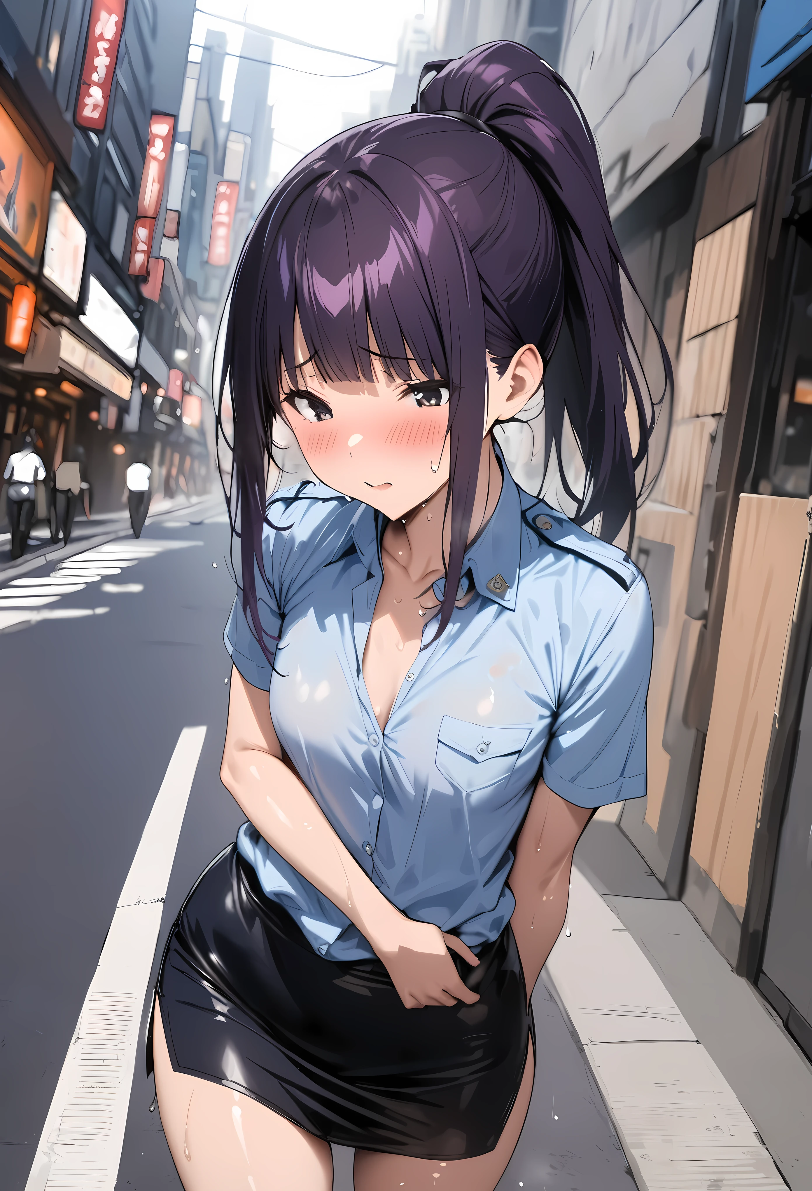 (masterpiece, highest quality:1.2),nsfw,1 cowboy shot,girl,18 year old beauty、solo,ponytail hair,dark purple hair,slender body,skinny,medium breasts,oily skin,shiny skin,Police uniform、light blue shirt,With collar、Short sleeve、Black quatting,on street,Shibuya、Tokyo、