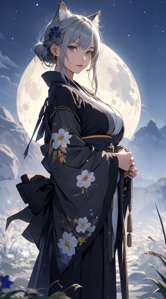 masterpiece, high quality, 4K, Beautiful design, silhouette，Gray Hair， 非常に詳細な夜のStarry Sky,Flower Field， wonderful, Finer details,  Very knowledgeable woman, Highly detailed solo, 1 female,Cat ear，Big Breasts，kimono，Night view，Starry Sky，full moon，