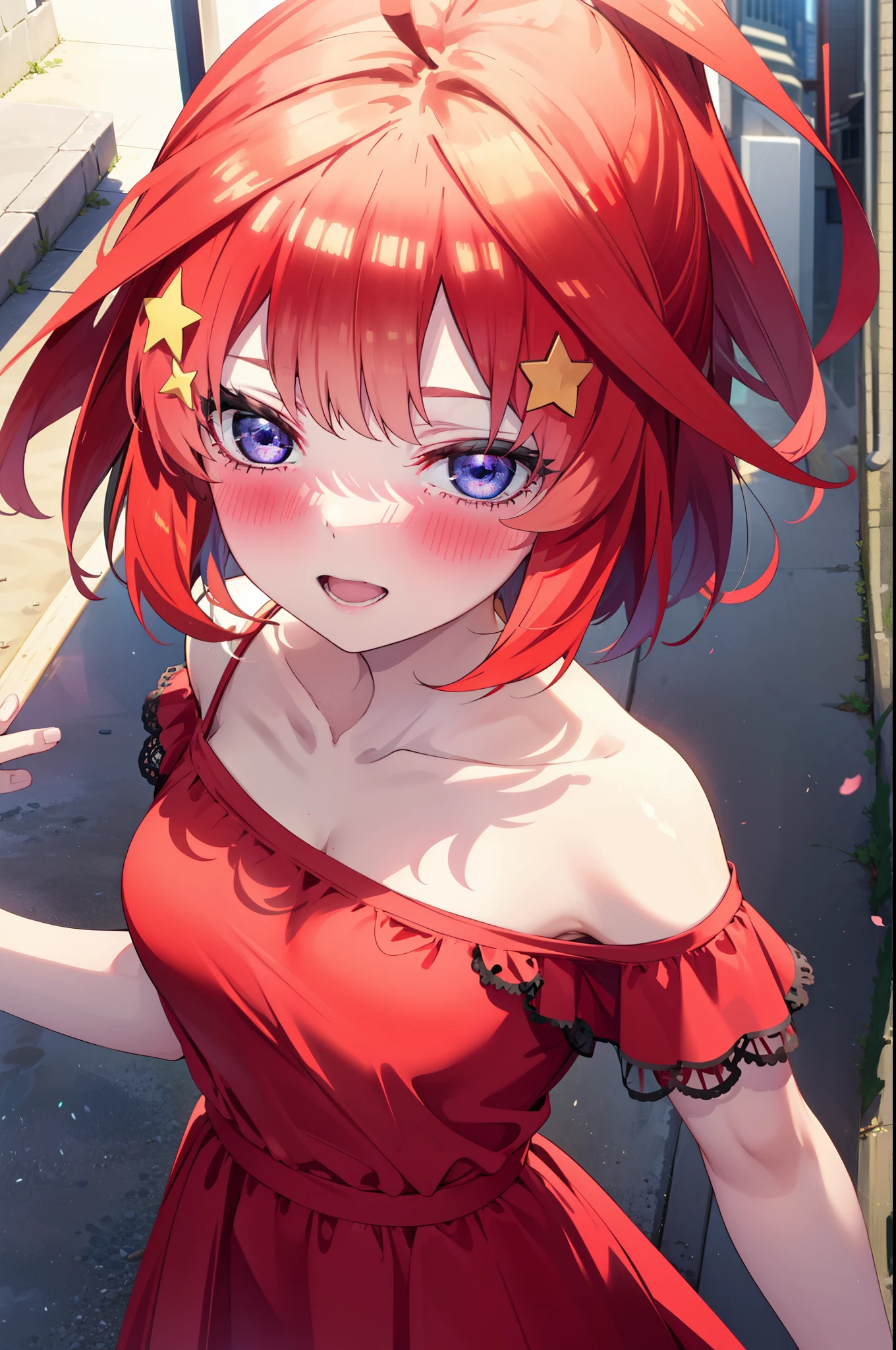 itsukinakano, Itsuki Nakano, bangs, blue eyes, Hair between the eyes, Ahoge, Redhead, star \(symbol\), hair ornaments, star hair ornaments,star型ペンダント,happy smile, smile, Open your mouth,Off-the-shoulder red dress,Bare shoulders,Spring collarbone,Bare neck,Bare arms,Red long skirt,Cute heeled sandals,True Summer,Daytime,Clear skies,My hair is blowing in the wind,whole bodyがイラストに入るように,
break outdoors, In town,海岸通り
break looking at viewer, whole body,
break (masterpiece:1.2), highest quality, High resolution, unity 8k wallpaper, (figure:0.8), (Beautiful fine details:1.6), Highly detailed face, Perfect lighting, Highly detailed CG, (Perfect hands, Perfect Anatomy),