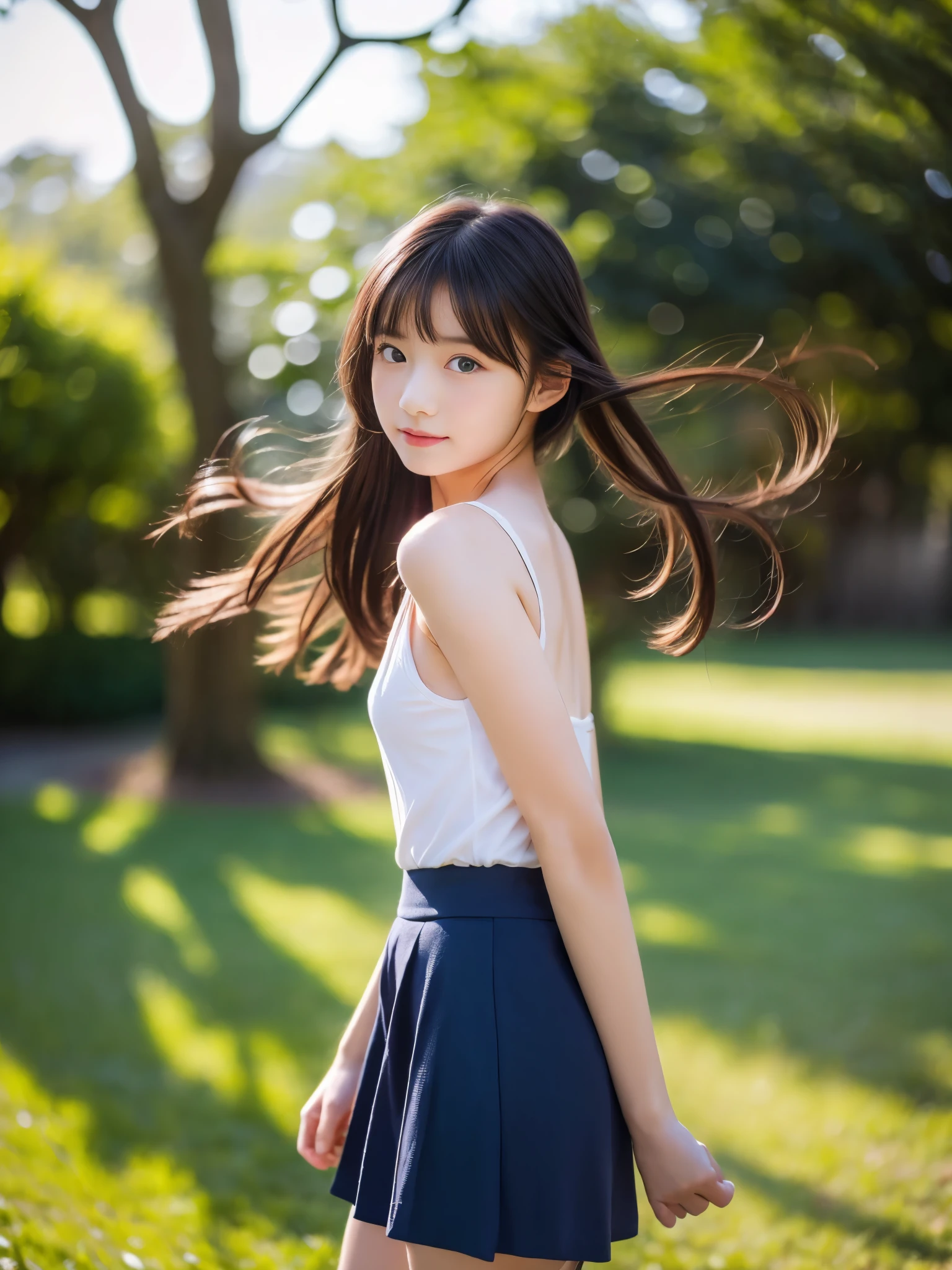 (masterpiece, highest quality:1.4), Award-winning portraits, 8k, 85mm, alone, Beautiful Face, Delicate girl,  (Cheerleader、On the grass), Sophisticated, cute, , RAW Photos, Confused, High resolution, Sharp focus, Background blur、(((Flat  、thin and delicate body、Childish atmosphere)))、shiny semi-long hair、ponytail、Mole on the left cheek、 Dark blue eyes、High Kick、the skirt is swaying in the wind、Hair swaying in the wind、sexy、Flexible legs