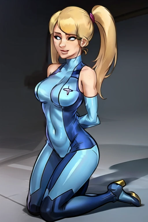 Samus Aran, rabo de cavalo, hair tie, luvas azuis, body azul, salto alto, Uma linda mulher de cabelo loiro, visualizador de frente, olhando para o espectador, Sorriso Suave, ajoelhado, ((fechar-se)), afinar, magrelo, medium breasts, short rabo de cavalo, arms behind the back,