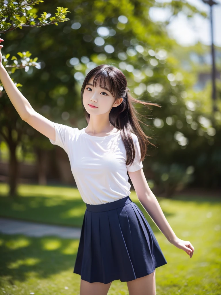 (masterpiece, highest quality:1.4), Award-winning portraits, 8k, 85mm, alone, Beautiful Face, Delicate girl,  (Cheerleader、On the grass), Sophisticated, cute, 15 years old, RAW Photos, Confused, High resolution, Sharp focus, Background blur、(((Flat  、thin and delicate body、Childish atmosphere)))、shiny semi-long hair、ponytail、Mole on the left cheek、 Dark blue eyes、High Kick、the skirt is swaying in the wind、Hair swaying in the wind、sexy、Flexible legs