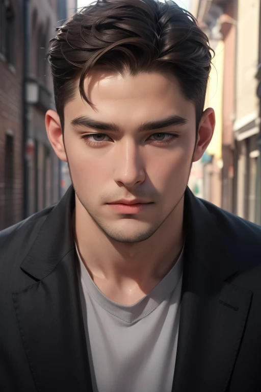 Full Body photorealistic masterpiece, best quality, realistic, 1man, mature male, quiet and charming young man, 35 years old, close his eyes, serious, closed mouth, extremely detailed face, cold, ((dark grey eyes)), ((short-right-swept dark brown hair)), [thick eyebrows], ((hunter)), accurate, detailed, ((town))