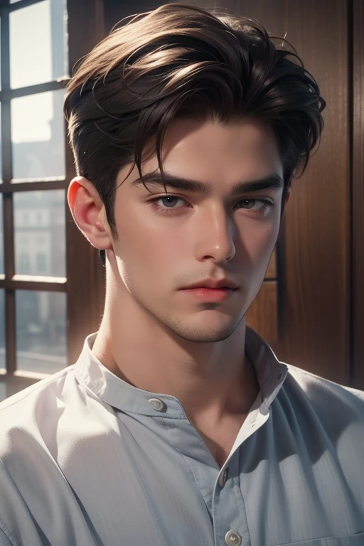 Full Body photorealistic masterpiece, best quality, realistic, 1man, mature male, quiet and charming young man, 35 years old, close his eyes, serious, closed mouth, extremely detailed face, cold, ((dark grey eyes)), ((short-right-swept dark brown hair)), [thick eyebrows], ((hunter)), accurate, detailed, ((town))