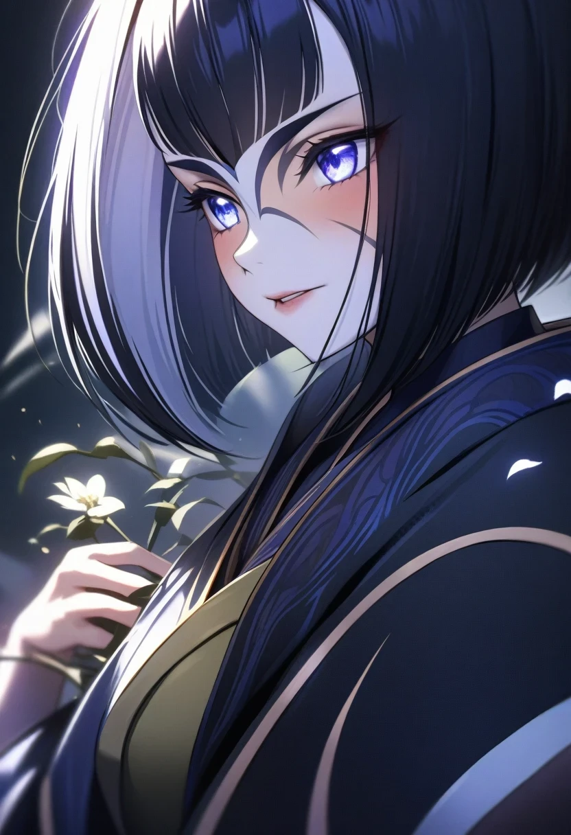 (shylily/(Twich/):1.5),(masterpiece:1.2),(best quality:1.2),masterpiece, best quality, so beautiful、up to date、slim and cool girl, short hair,Shining eyes、beautiful eyes、Wearing a black kimono、Adult woman holding sword、Dream、The flowers have fallen、Demon Slayer、Close-up of face