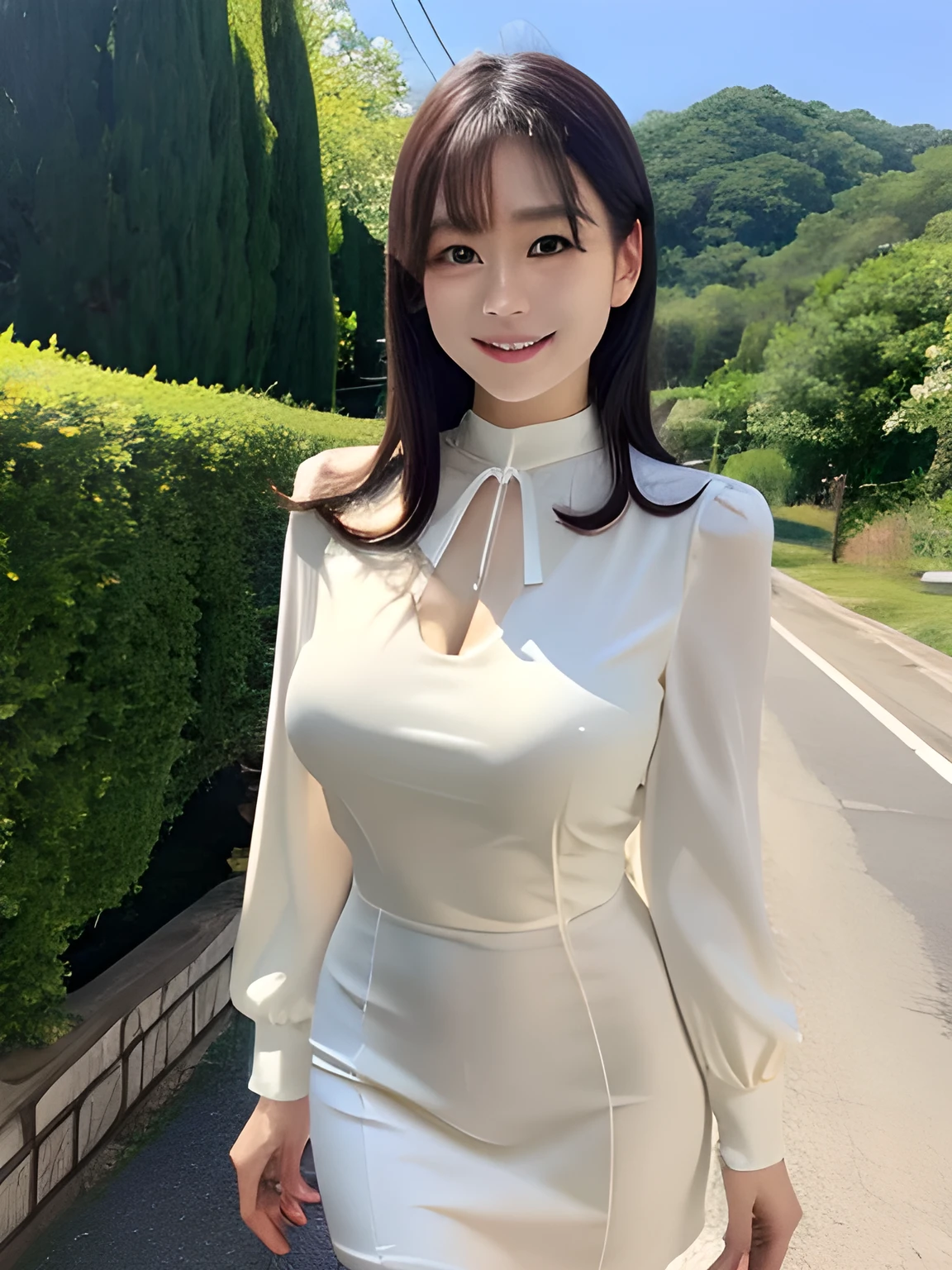 Tabletop, highest quality, Very detailed, finely, High resolution, 8k wallpaper, Perfect dynamic composition, Beautiful and beautiful eyes,  Natural Lip, Tunic , Big Breasts, whole body, blue eyes , Black Choker , parlor , Natural Makeup, secretary , smile, Japanese women  , bangs , Straight Hair、Slim face、鉱Mountain、Mining sites、blue sky、Mountain、Cowboy Shot、Big Breasts、Site Supervisor、tone quarry、Beautiful legs、Walking、Hiking trails、((Slim figure、Slim face))