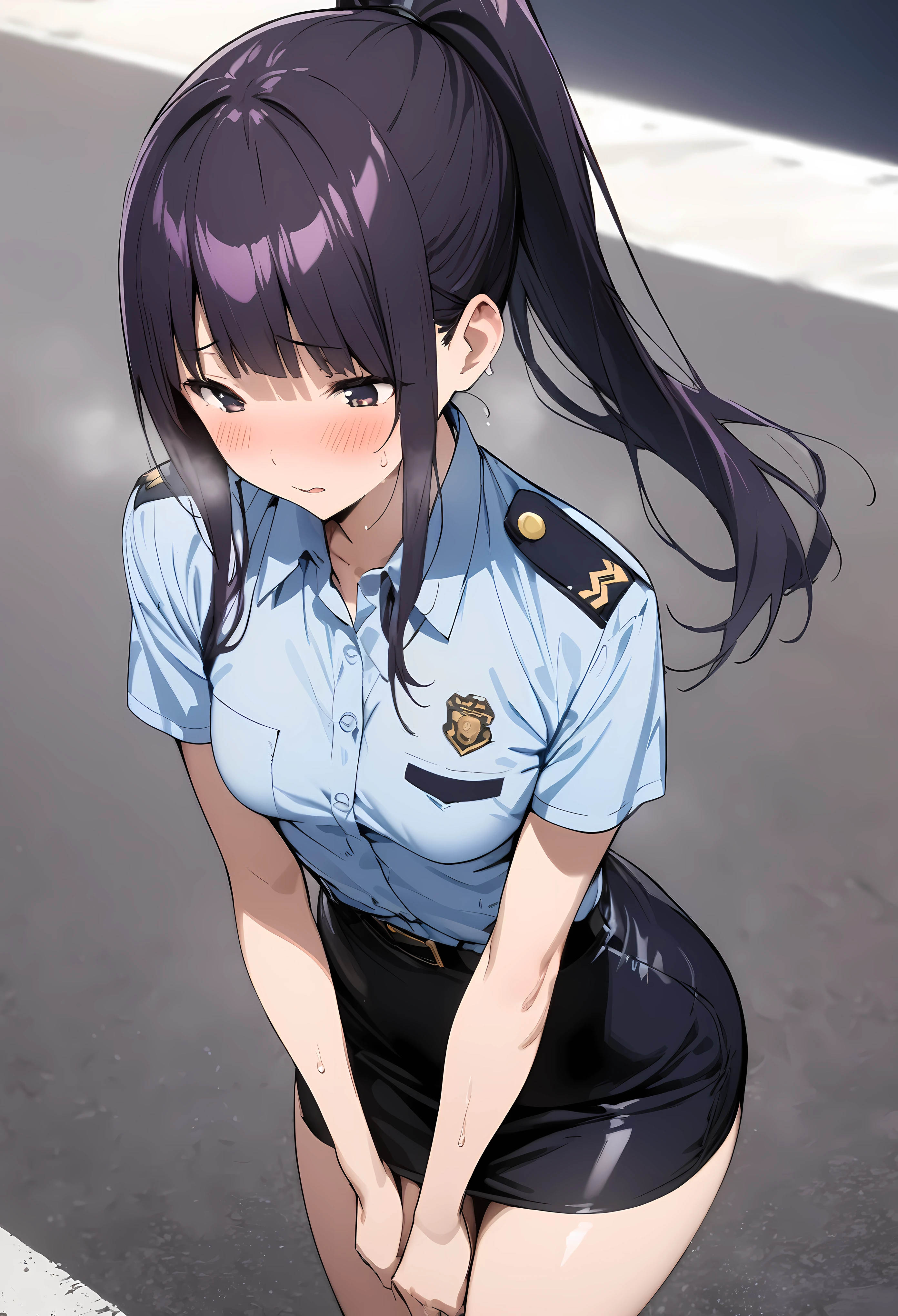 (masterpiece, highest quality:1.2),1woman,18 year old beauty、solo,ponytail hair,dark purple hair,blush,very small head,slender and long body,skinny,medium breasts,naked,sweat,oily skin,shiny skin,sweat,Police uniform、light blue shirt,Collared shirt、Short sleeve、Black tight mini skirt、On Patrol、walk、on street,bustling street、Tokyo、