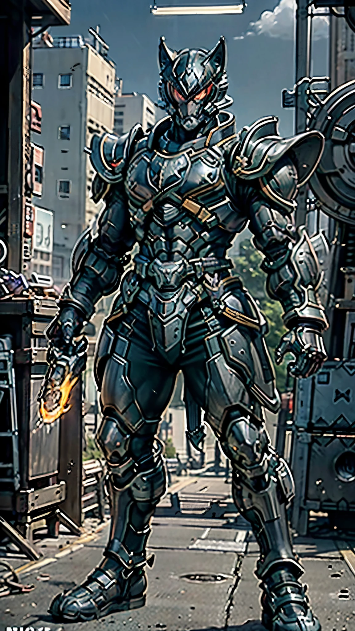 A man wearing a full-face helmet, a fantasy-style biotech armored combat suit, green eyes, (a composite layered chest armor), fully enclosed shoulder guards, matching arm and leg guards, the belt is adorned with fangs biting into orbs, (the color scheme is primarily black with red accents), the design balances heavy with agility, a high-tech bio-mecha armor, (Armor Concept Inspired by Wolf, stand on the top of a skyscraper in a futuristic sci-fi city), this character embodies a finely crafted fantasy-surreal style armored hero in anime style, exquisite and mature manga art style, (element, plasma, energy, the armor glows), ((male:1.5)), metallic, real texture material, dramatic, high definition, best quality, highres, ultra-detailed, ultra-fine painting, extremely delicate, professional, perfect body proportions, golden ratio, anatomically correct, symmetrical face, extremely detailed eyes and face, high quality eyes, creativity, RAW photo, UHD, 32k, Natural light, cinematic lighting, masterpiece-anatomy-perfect, masterpiece:1.5