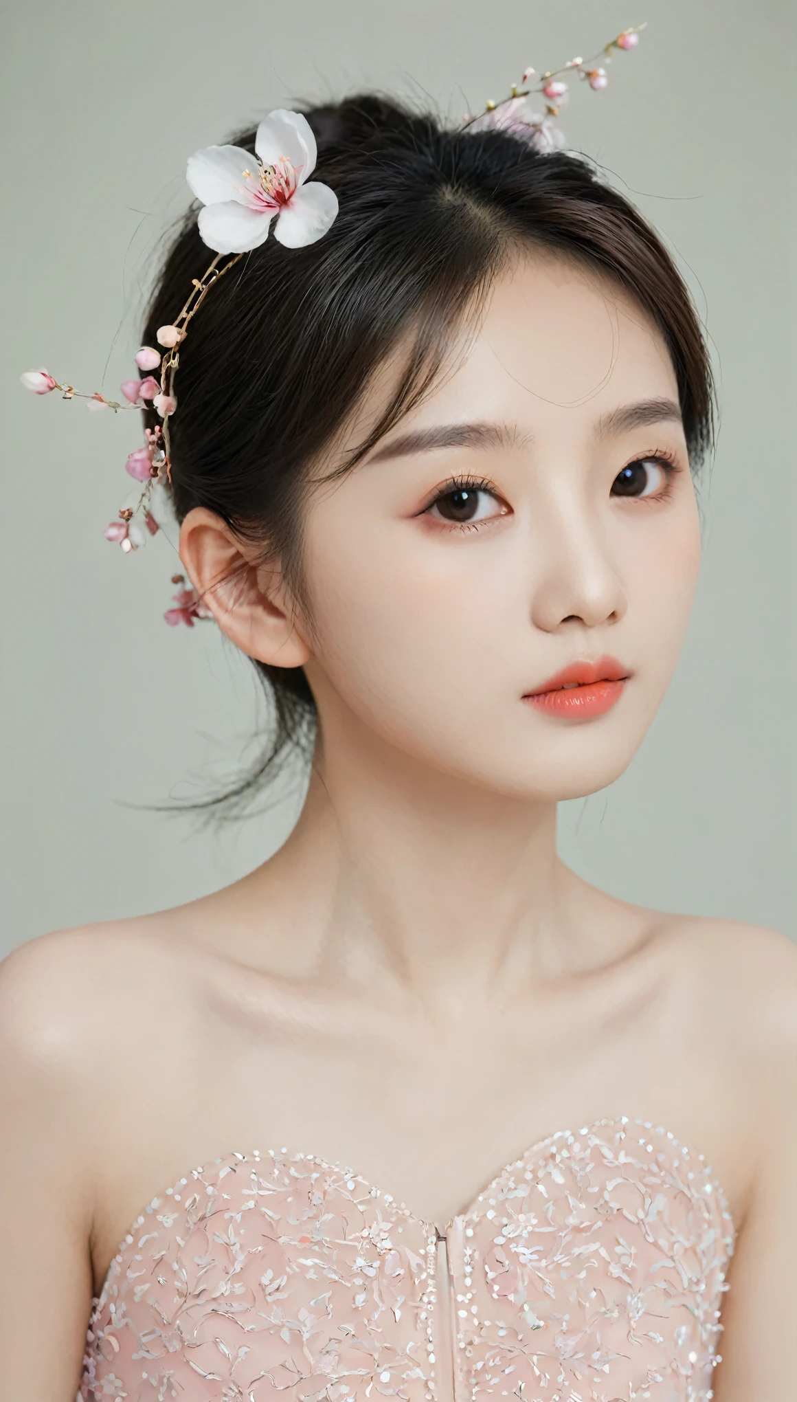 Rear view, (flat chest), Dentate skin, (12 years old), Fashionable beautiful girl, Gentle and charming Chinese beautiful girl, 10 years old, Exquisite and sexy clavicle, Charming oval face, Double eyelids, Bright peach blossom eyes, Pink lips, Small nose, Bare shoulders, focus on face, Close-up of face, Ultra HD, Ultra-clear, Full body image, Ultra-thin and light-transmitting, Sweet and playful upper body, transparent