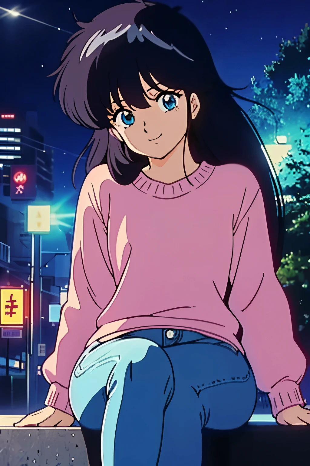 high quality, masterpiece, best quality, anime screen cap, park, night, blue lights, neon blue lights, bokeh, bokeh effect, tokyo, 80s, 80s tokyo night, 1girl, tired eyes, exhauted eyes, tiredness, fatigue, smile, sitting, pink sweater, jeans, dark blue hair, Arms Down, ((Perfect Anatomy, beautifull detailed face, Beautiful detailed eyes, beautiful detailed hair, Beautiful detailed body)), thick outline, Beautiful outlines, black outlines
