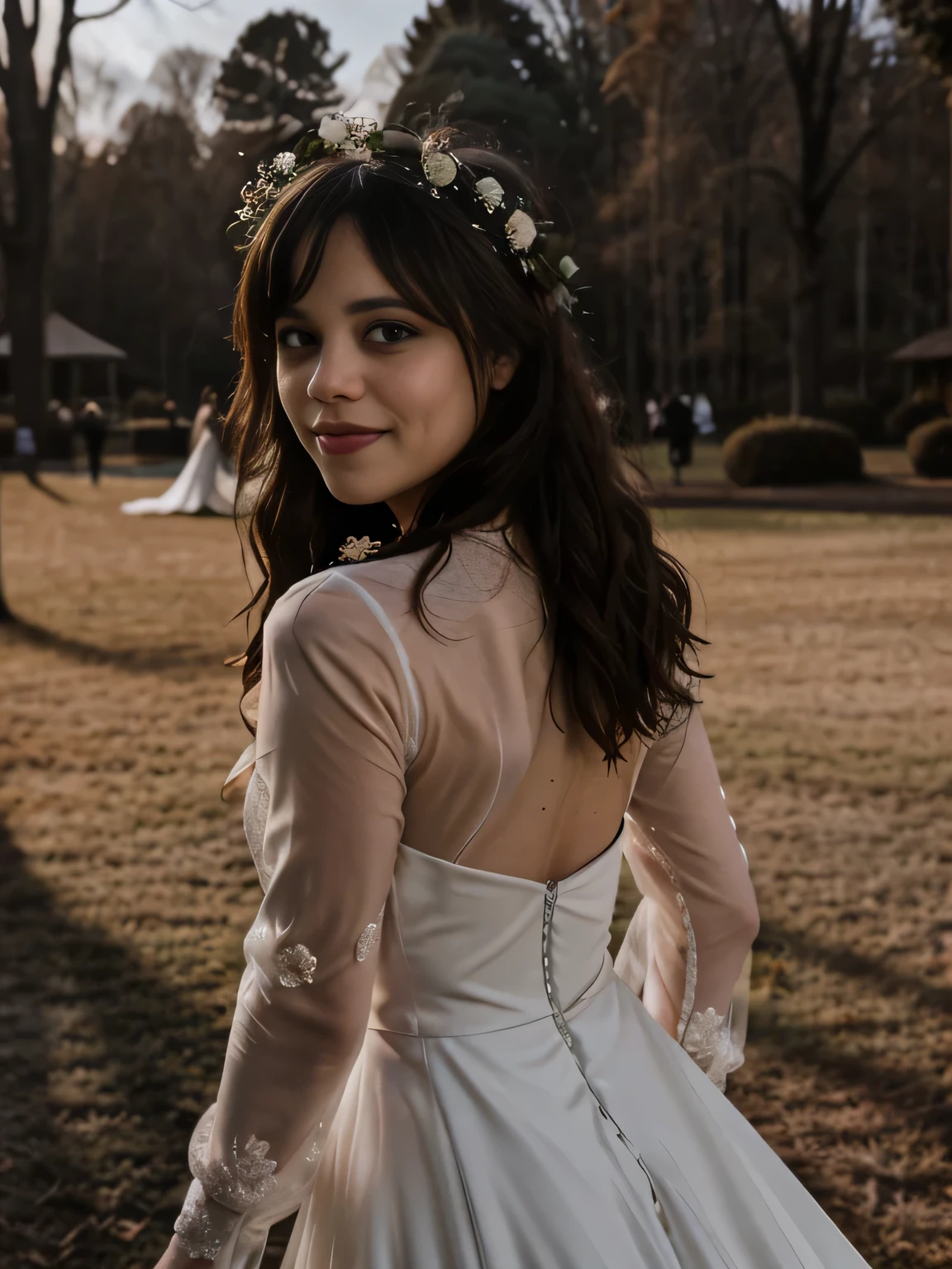 Photo of Jenna Ortega, wedsn as a bride, marrying the viewer, solo, brown eyes, freckles, freckles on nose, wearing long sleeve wedding dress and wedding veil, park, floral, romantic, sweet, warm atmosphere, best quality, ultra-detailed, shadows, ultra-high resolution, best shadow, RAW, 4k, happy mood, smile, shaggy wolf cut, close-up, soft lighting, cinematic, full body shot, looking back, looking at the viewer with love